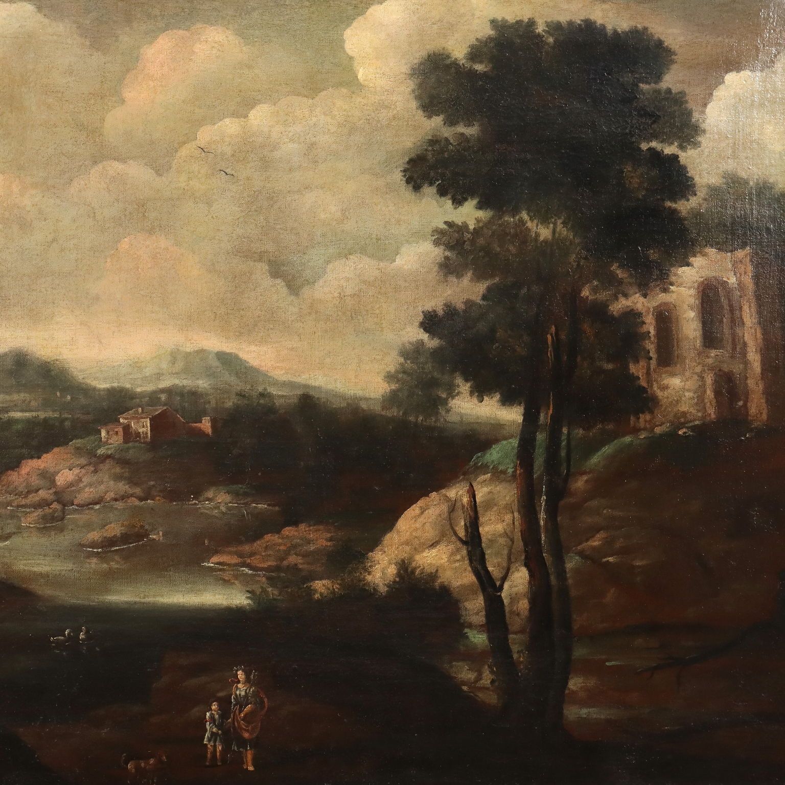 Antique Painting Landscape With Building Oil On Canvas XVIII Century photo for sale