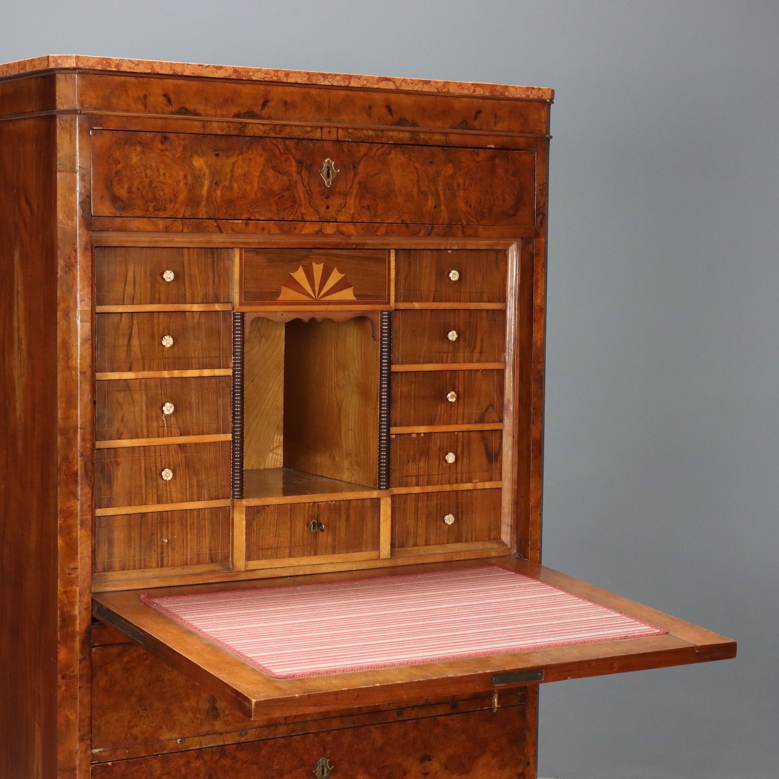 Antique Biedermeier Secretaire Feather Walnut Burl Austria XIX Century photo for sale