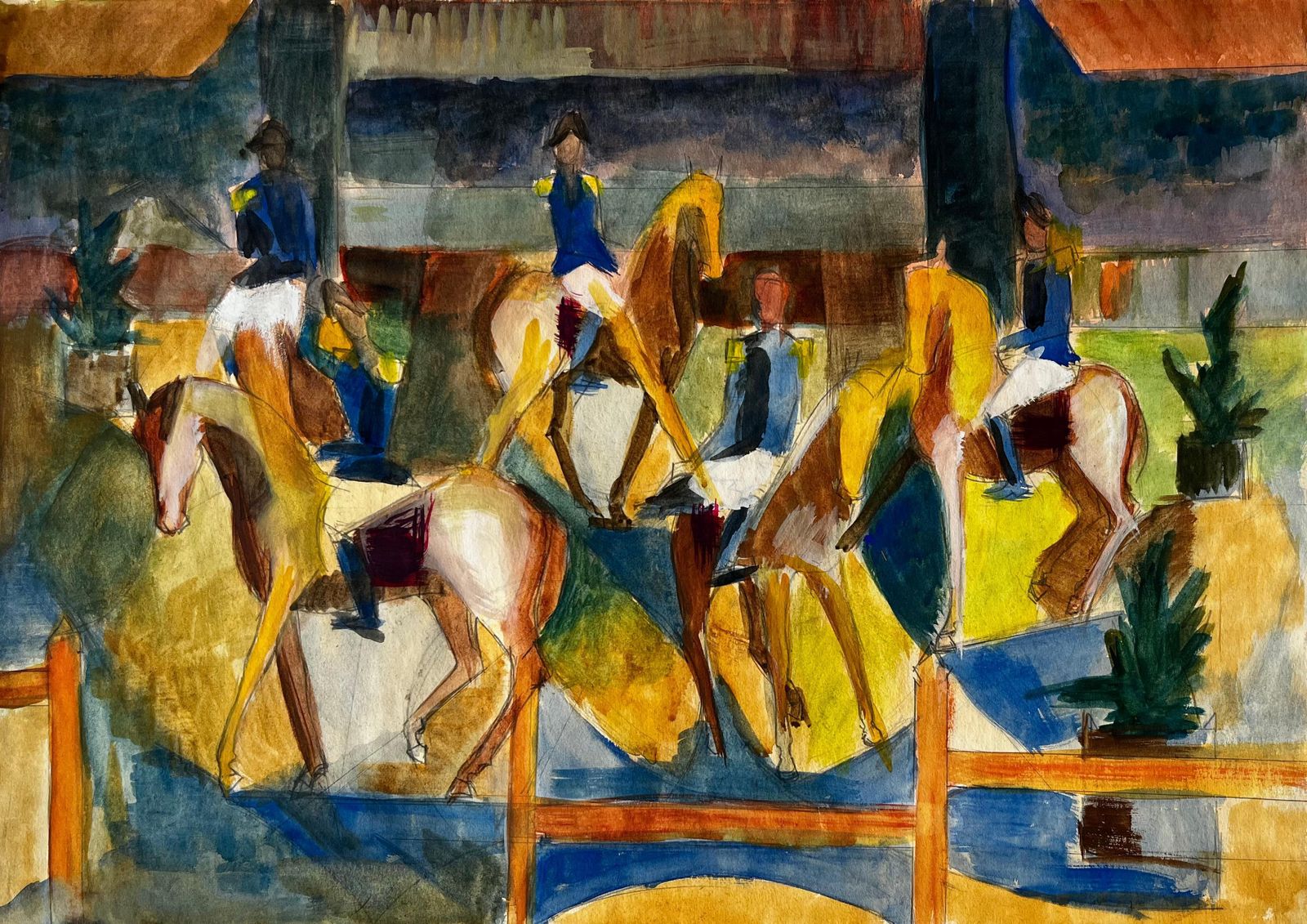 Guy Nicod Equestrian Riders With Horses In Arena French Modernist Watercolour Gouache