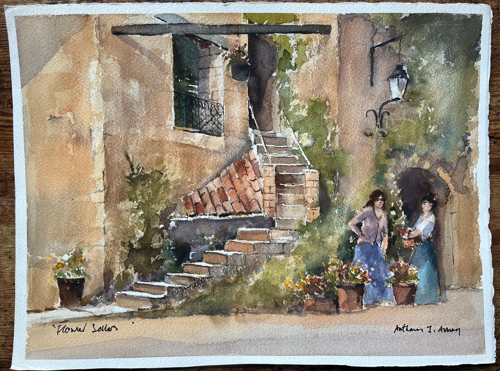 Anthony Avery British Watercolor Of A Rustic Mediterranean Courtyard With Flower Sellers photo furniture