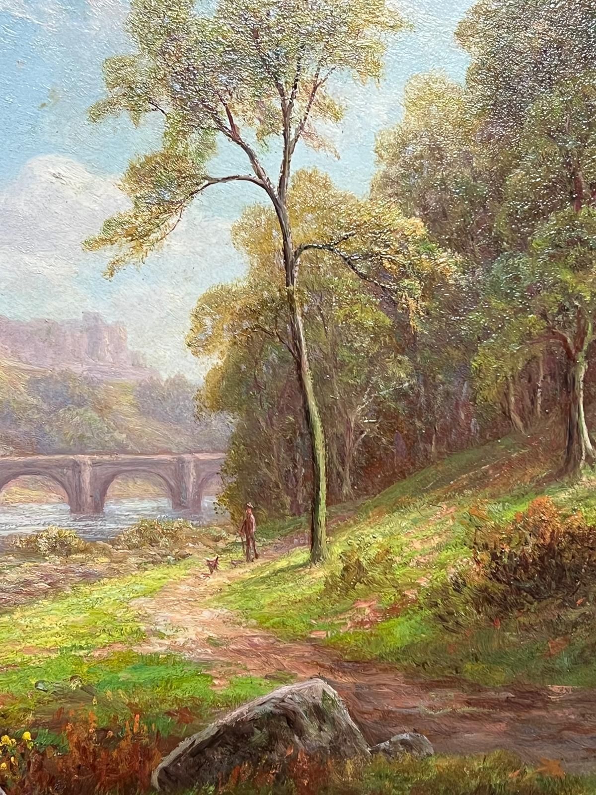 Everett W Mellor Antique English Oil Tranquil Riverside Landscape Richmond Castle Yorkshire photo for sale
