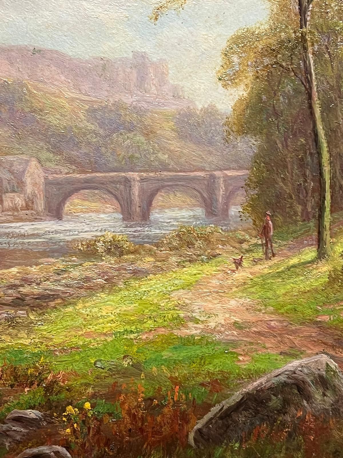 Everett W Mellor Antique English Oil Tranquil Riverside Landscape Richmond Castle Yorkshire photo Art