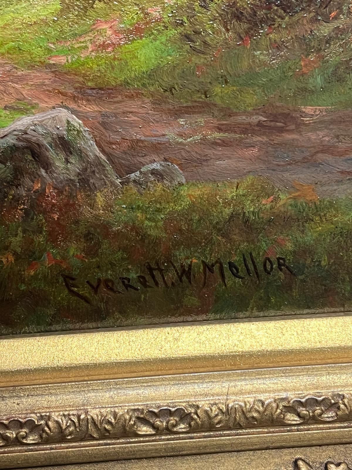 Everett W Mellor Antique English Oil Tranquil Riverside Landscape Richmond Castle Yorkshire photo 2000.0