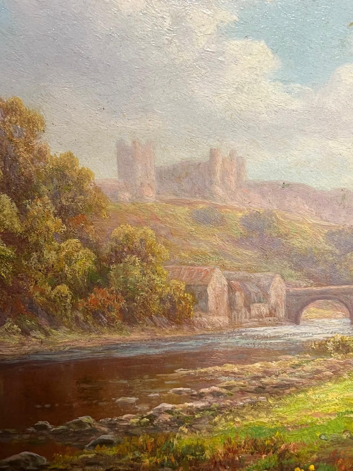 Everett W Mellor Antique English Oil Tranquil Riverside Landscape Richmond Castle Yorkshire photo vinterior