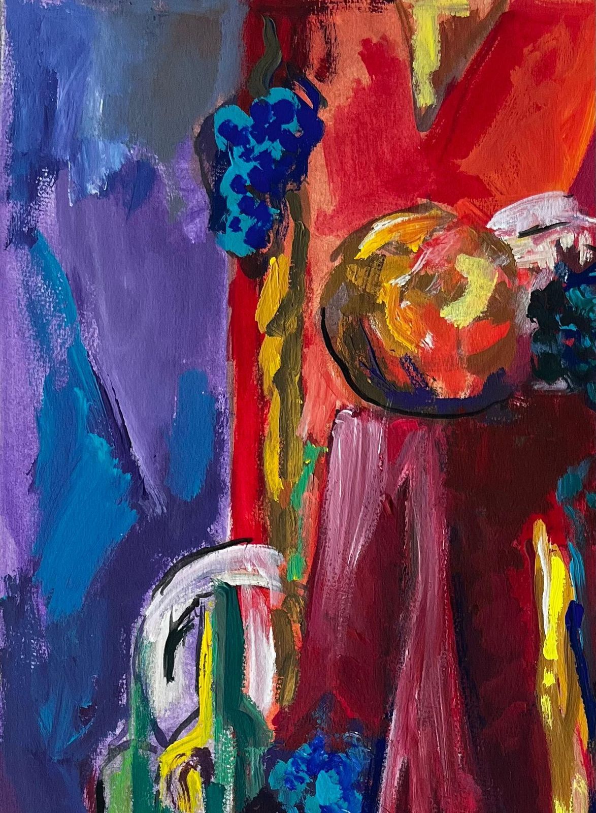 Guy Nicod Still Life With Red Drapery Fruit And Blue Background French Modernist Gouache photo for sale