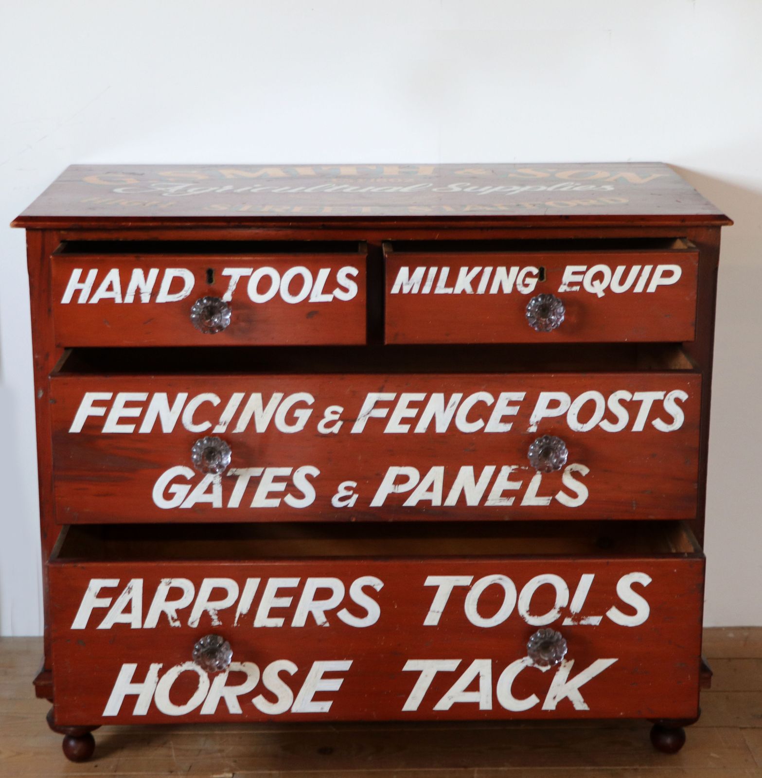 A Lovely Victorian Painted Pine Chest Of Four Drawers,  Sign Written For The Smiths Agricultural Merchants Of Stafford. photo for sale