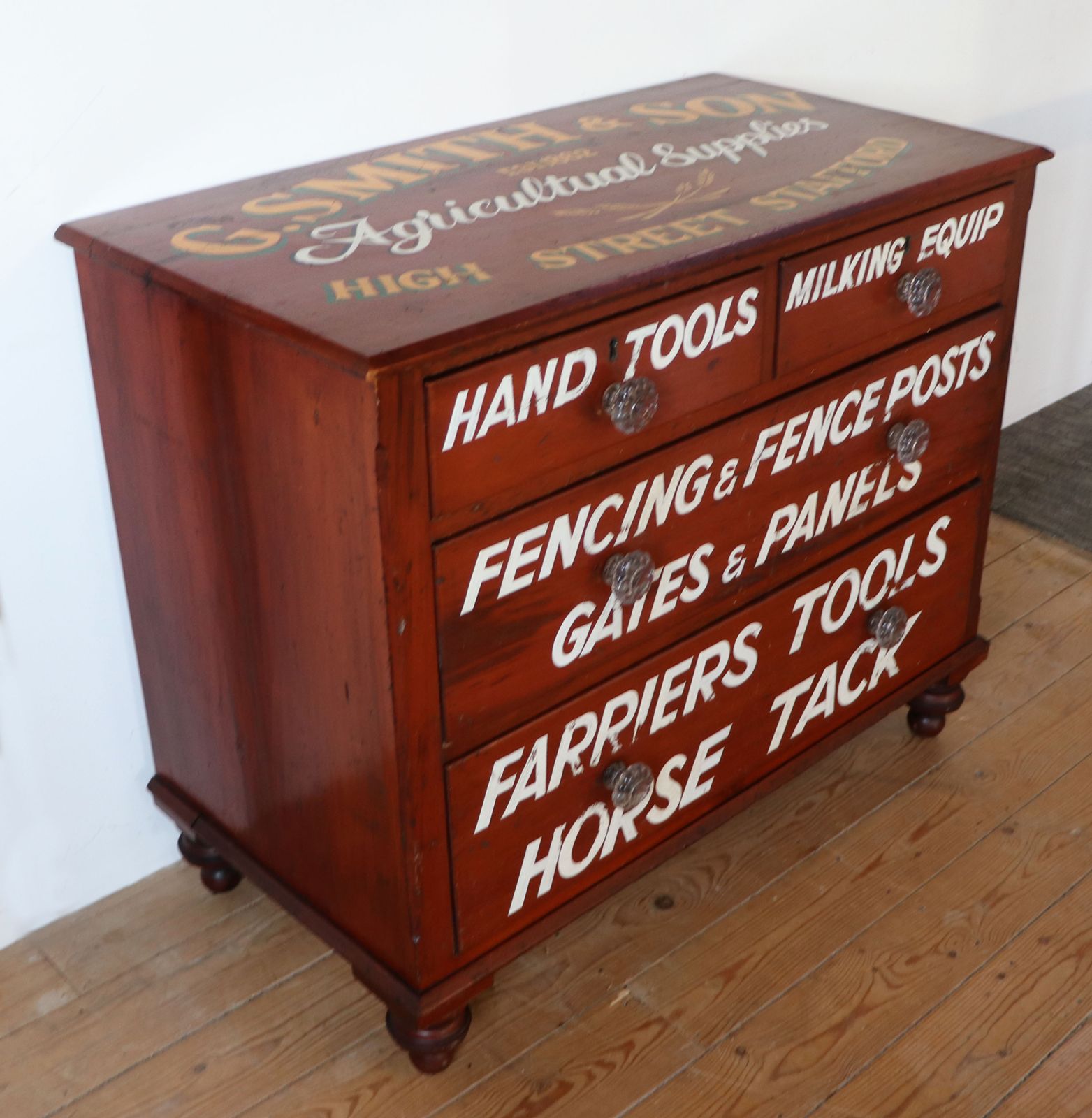 A Lovely Victorian Painted Pine Chest Of Four Drawers,  Sign Written For The Smiths Agricultural Merchants Of Stafford. photo vintage