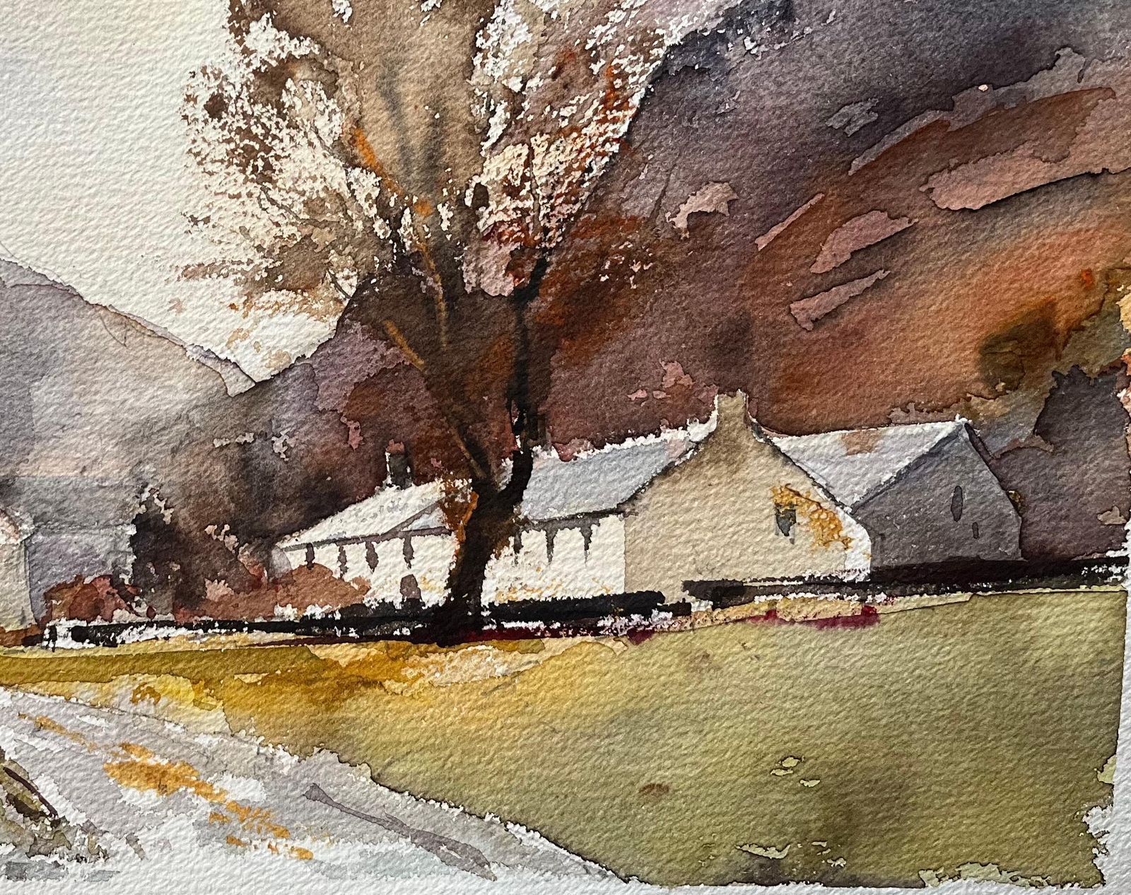 Anthony Avery British Impressionist Watercolor Of A Countryside Hamlet Beneath Rolling Hills photo for sale