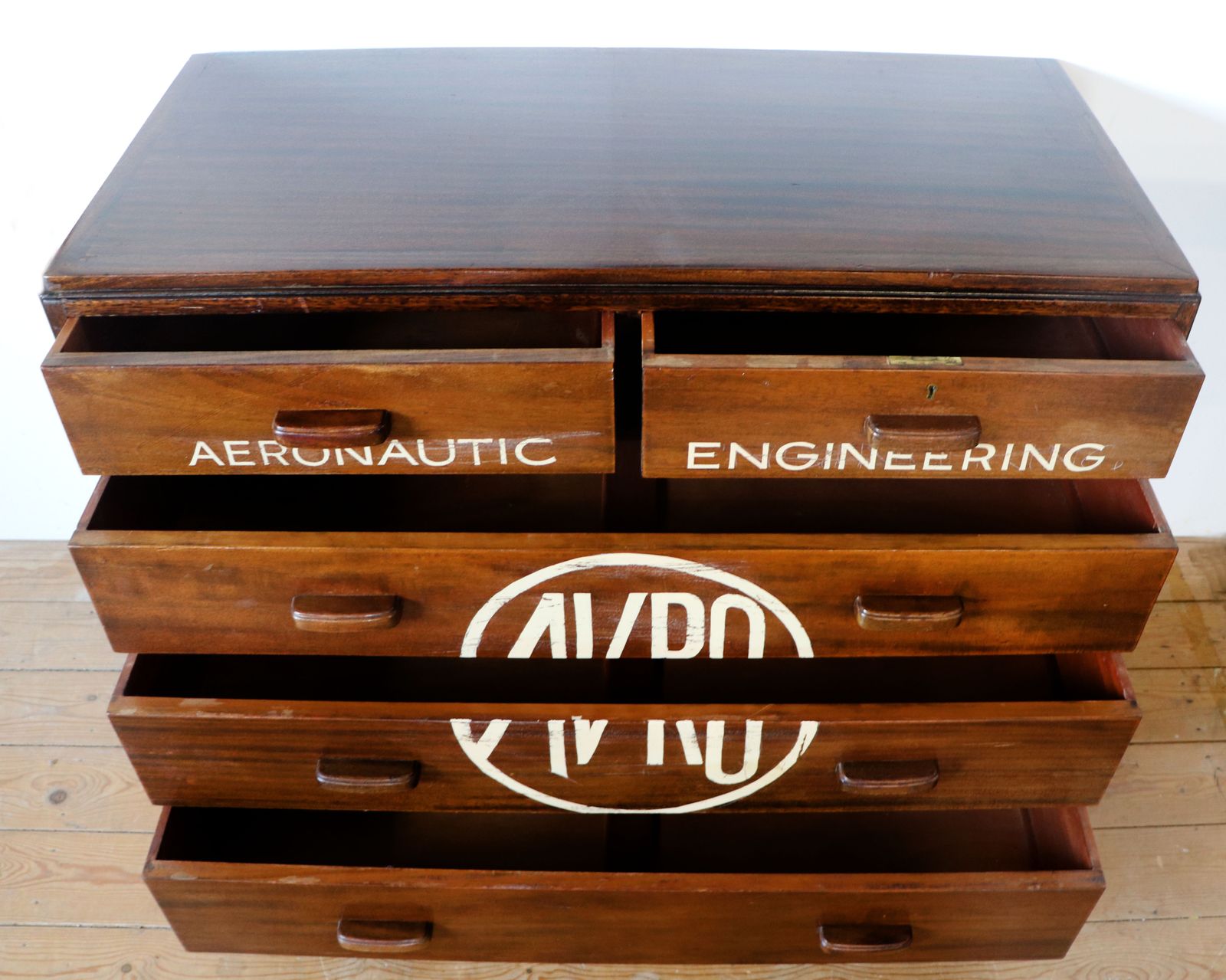 A Lovely, Classic 1930s Chest Of Five Drawers, Later Hand Sign Written For Avro Aeronautic Engineering. photo for sale