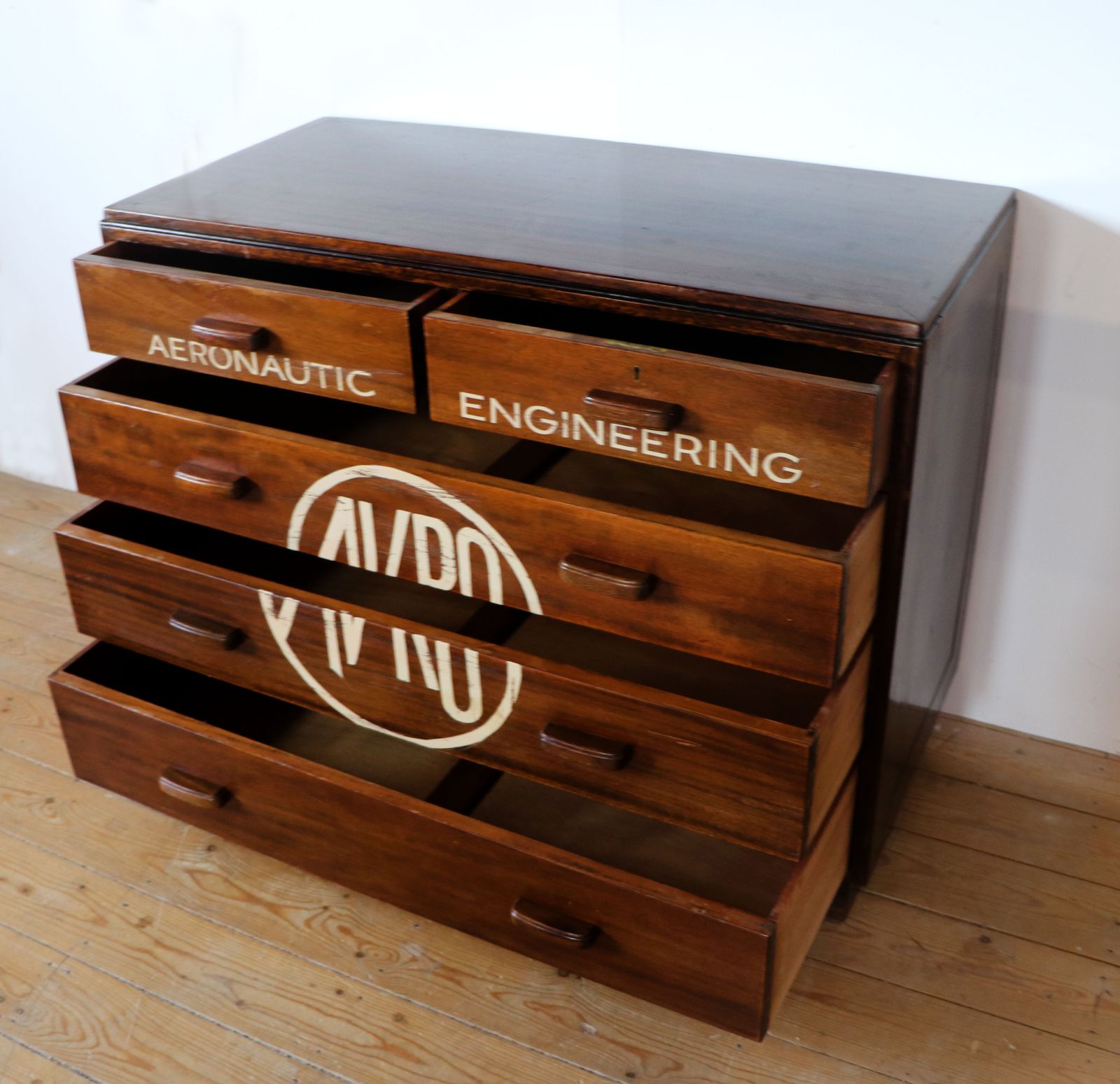 A Lovely, Classic 1930s Chest Of Five Drawers, Later Hand Sign Written For Avro Aeronautic Engineering. photo buy