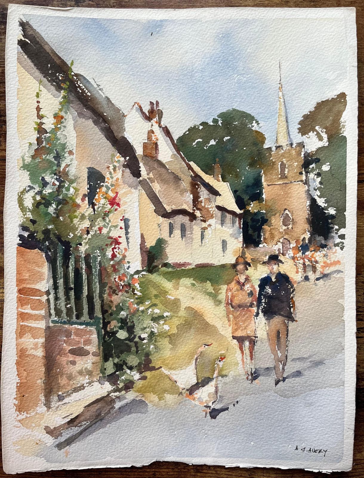 Anthony Avery British Impressionist Watercolor Of A Country Lane With Church And Geese photo furniture