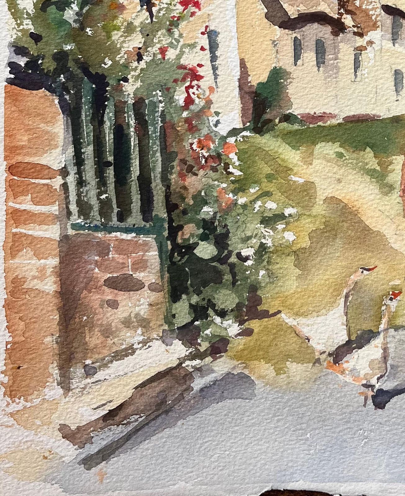 Anthony Avery British Impressionist Watercolor Of A Country Lane With Church And Geese photo 500.0