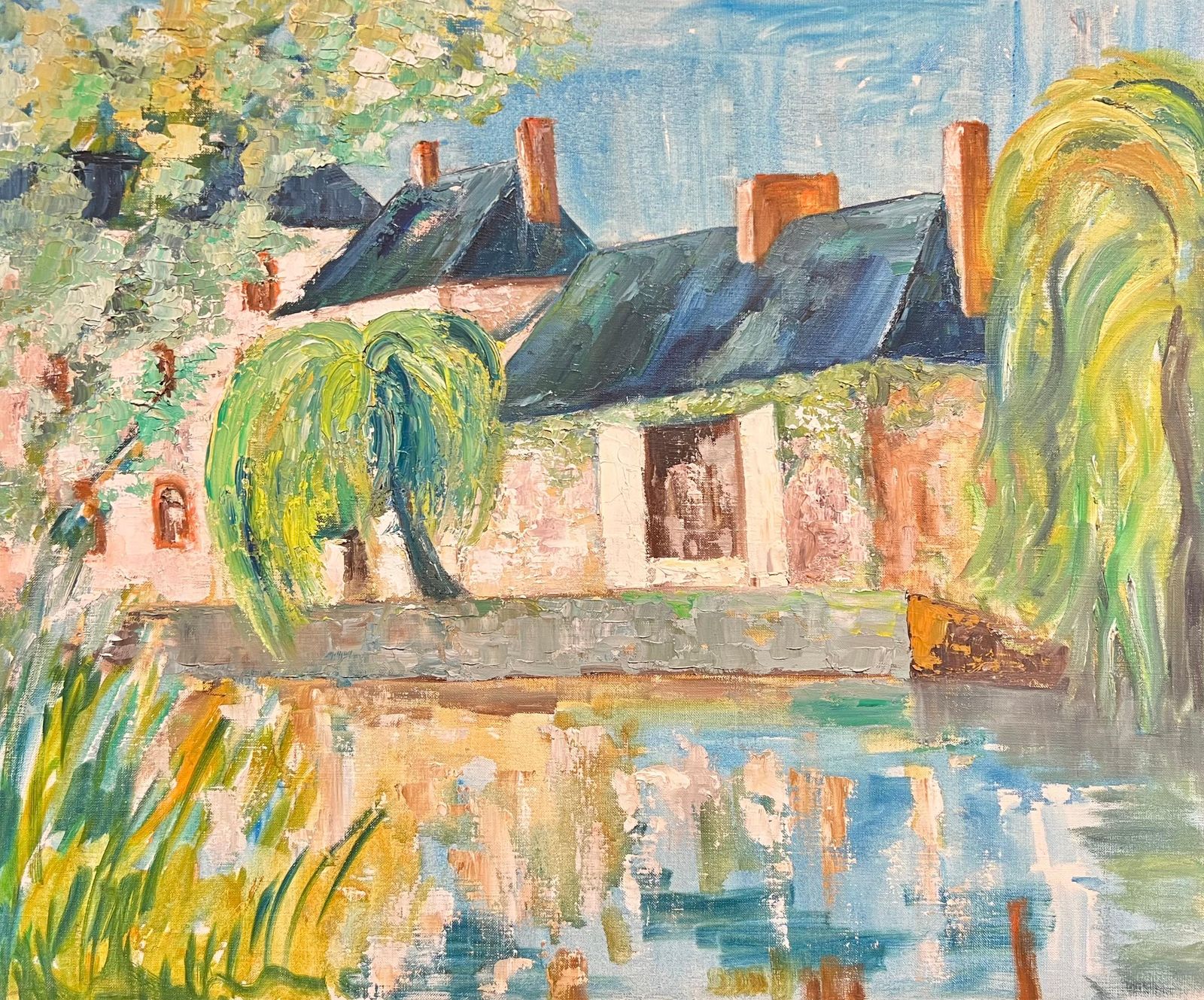 French School Riverside Cottages Large French Impressionist Oil Painting Of A Waterscape 1970's