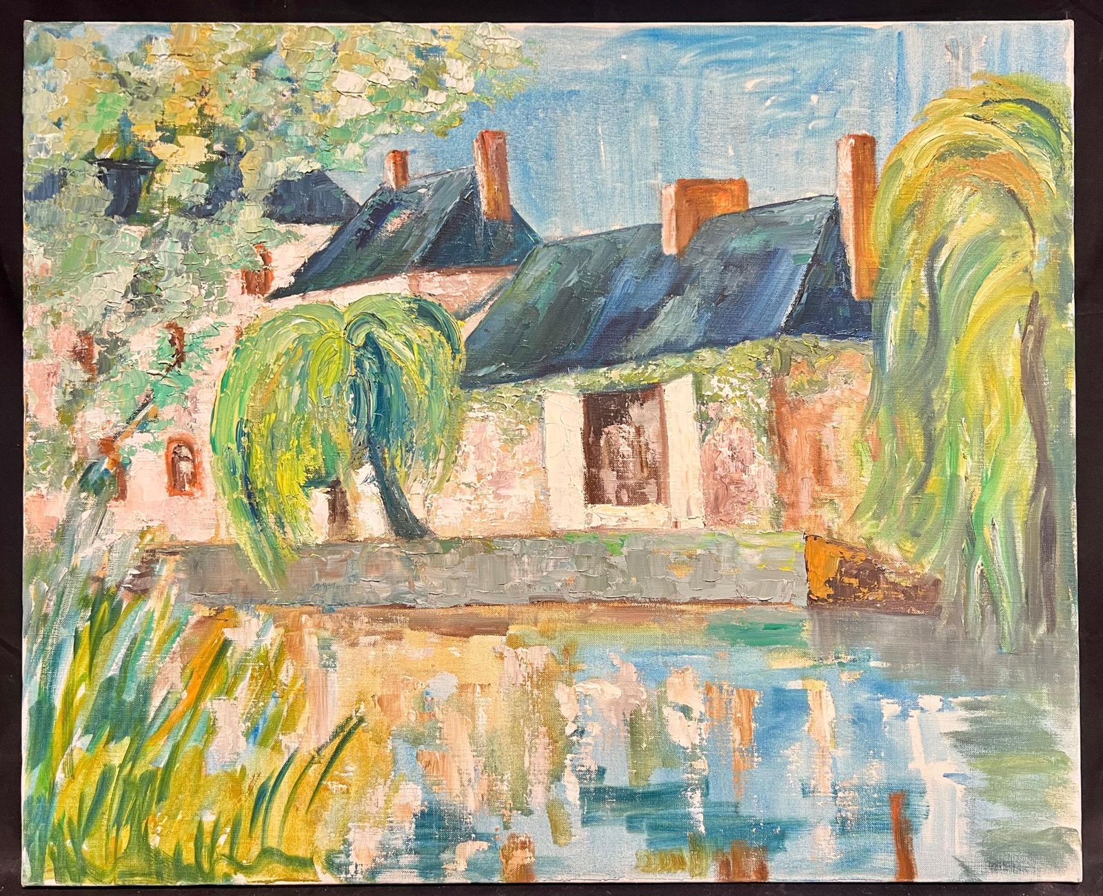 French School Riverside Cottages Large French Impressionist Oil Painting Of A Waterscape 1970's photo furniture