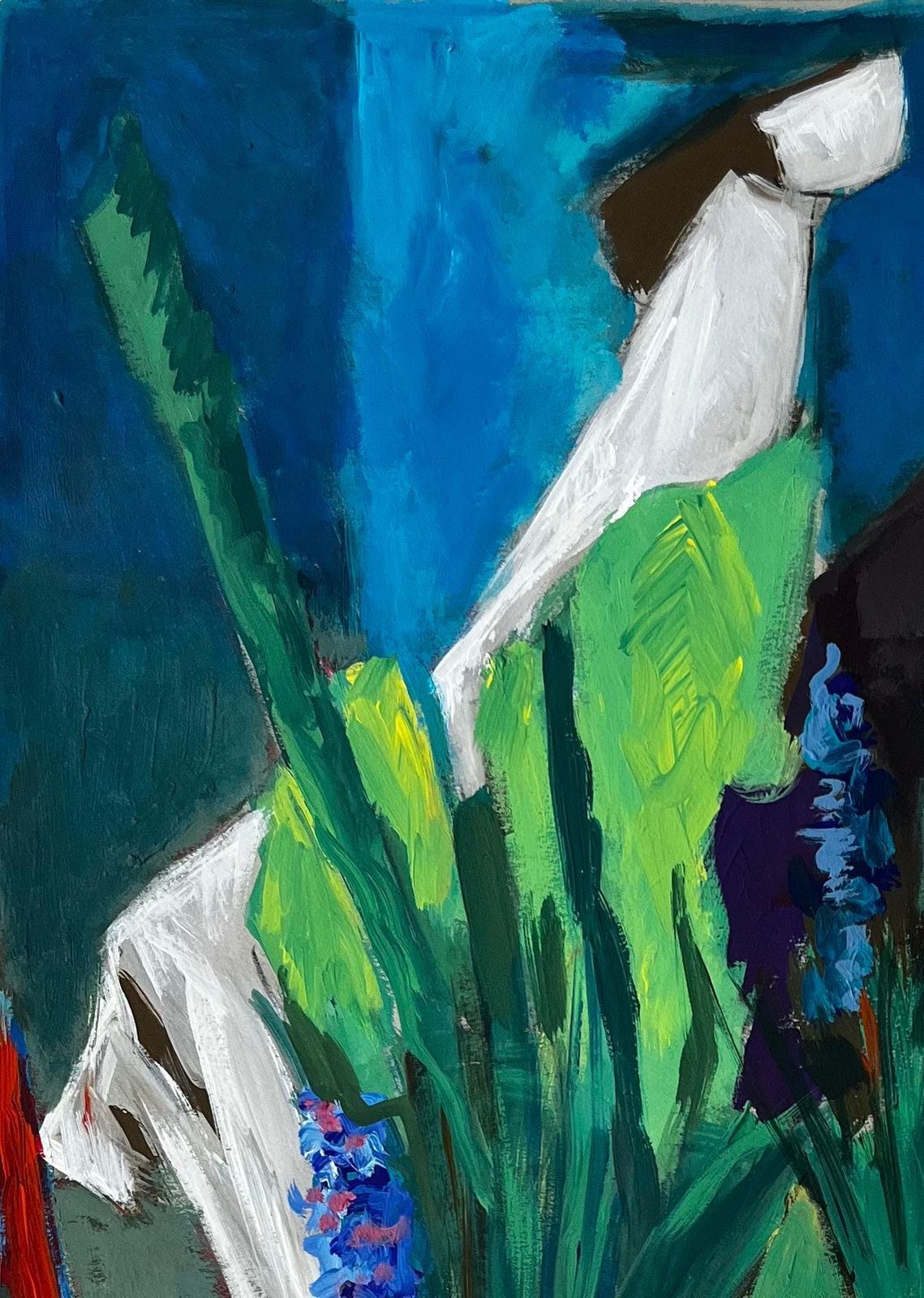 Guy Nicod Still Life With Blue Flowers And Green Drapery French Modern Gouache Painting photo 705.0