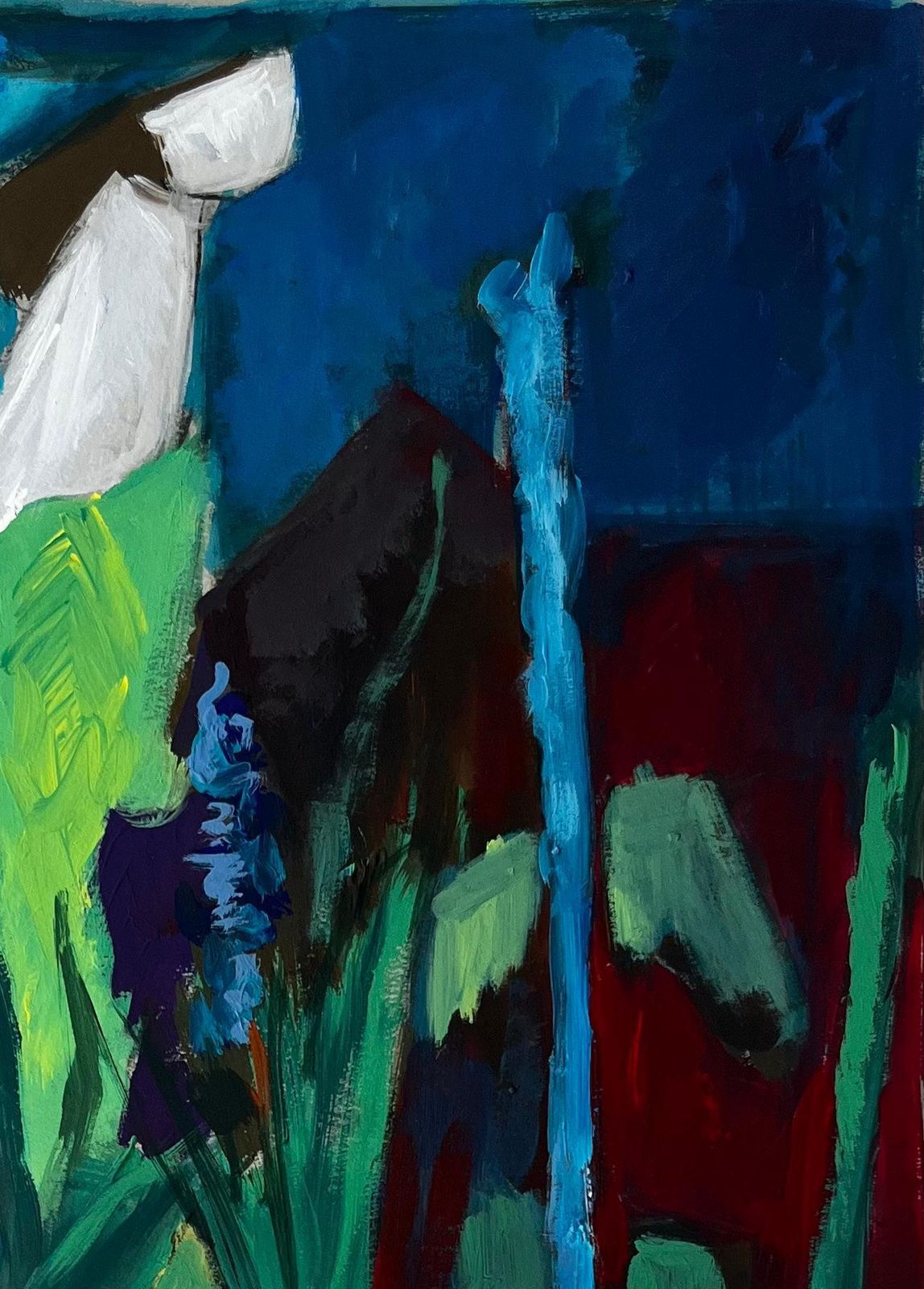 Guy Nicod Still Life With Blue Flowers And Green Drapery French Modern Gouache Painting photo vinterior