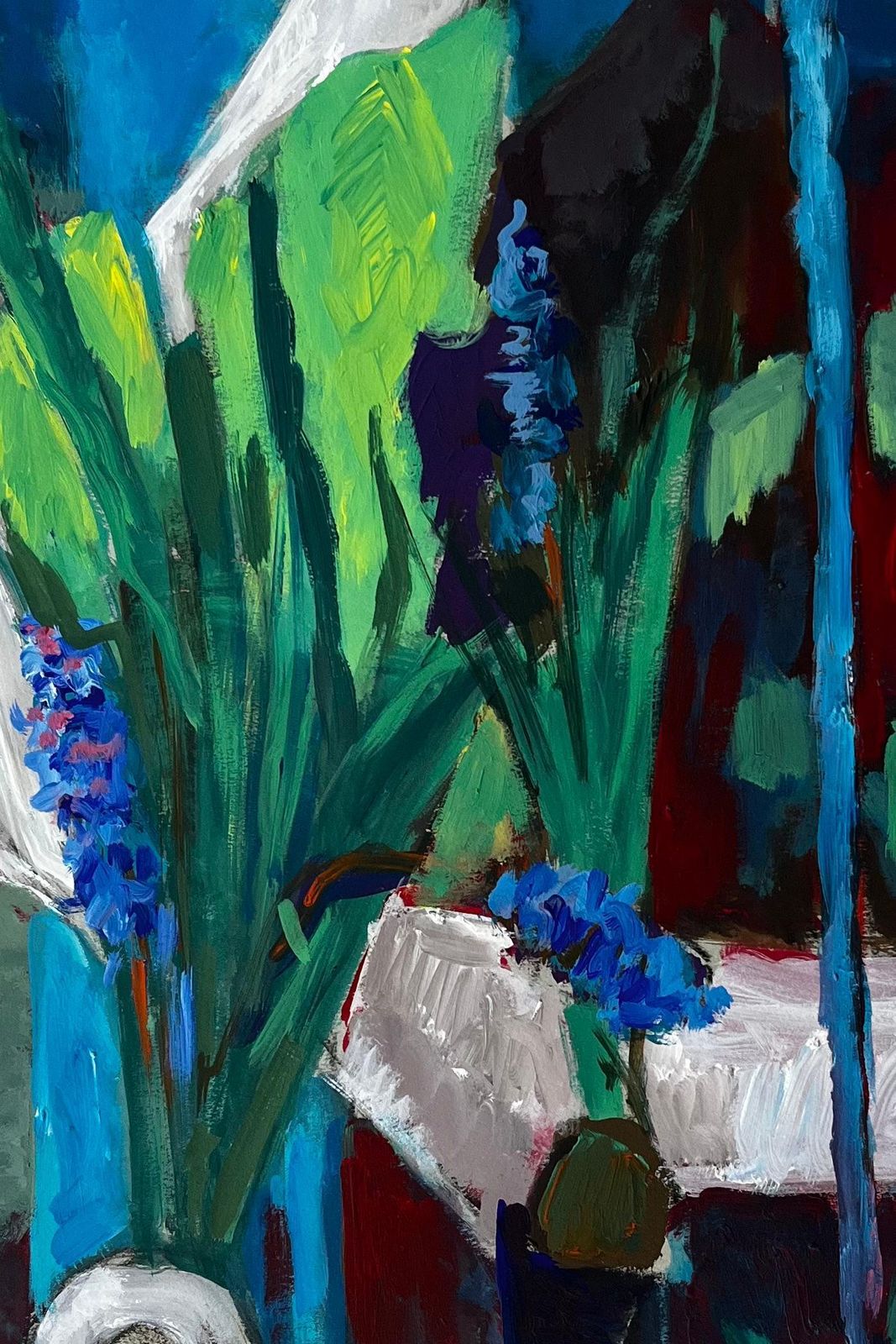 Guy Nicod Still Life With Blue Flowers And Green Drapery French Modern Gouache Painting photo buy
