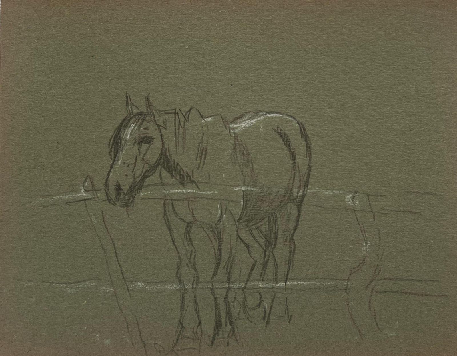 John Rabone Harvey British Chalk Pencil Sketch Of A Horse Patiently Waiting At The Wooden Fence 1966