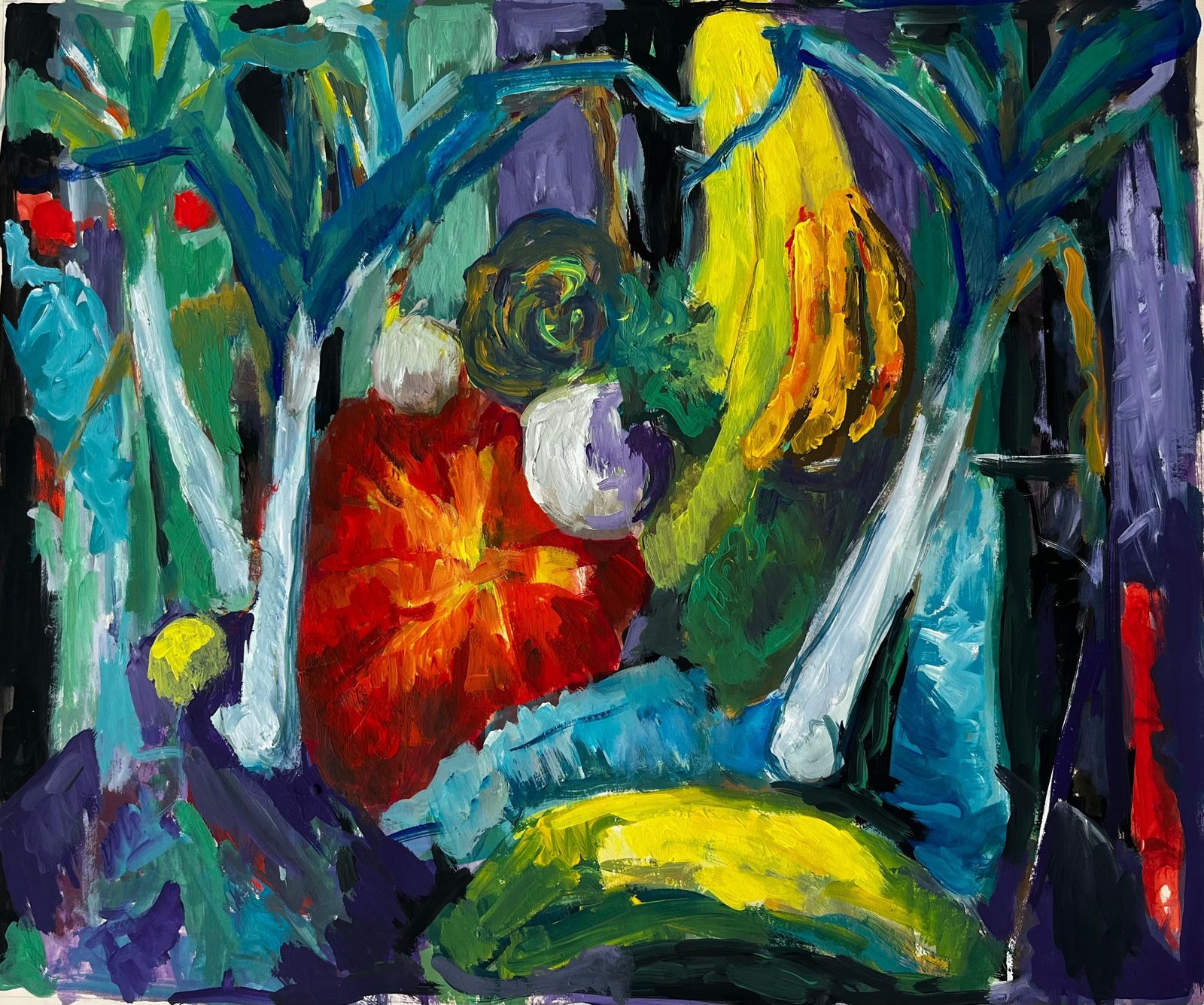 Guy Nicod Vibrant Still Life With Bananas Pumpkin And Leeks French Modernist Gouache