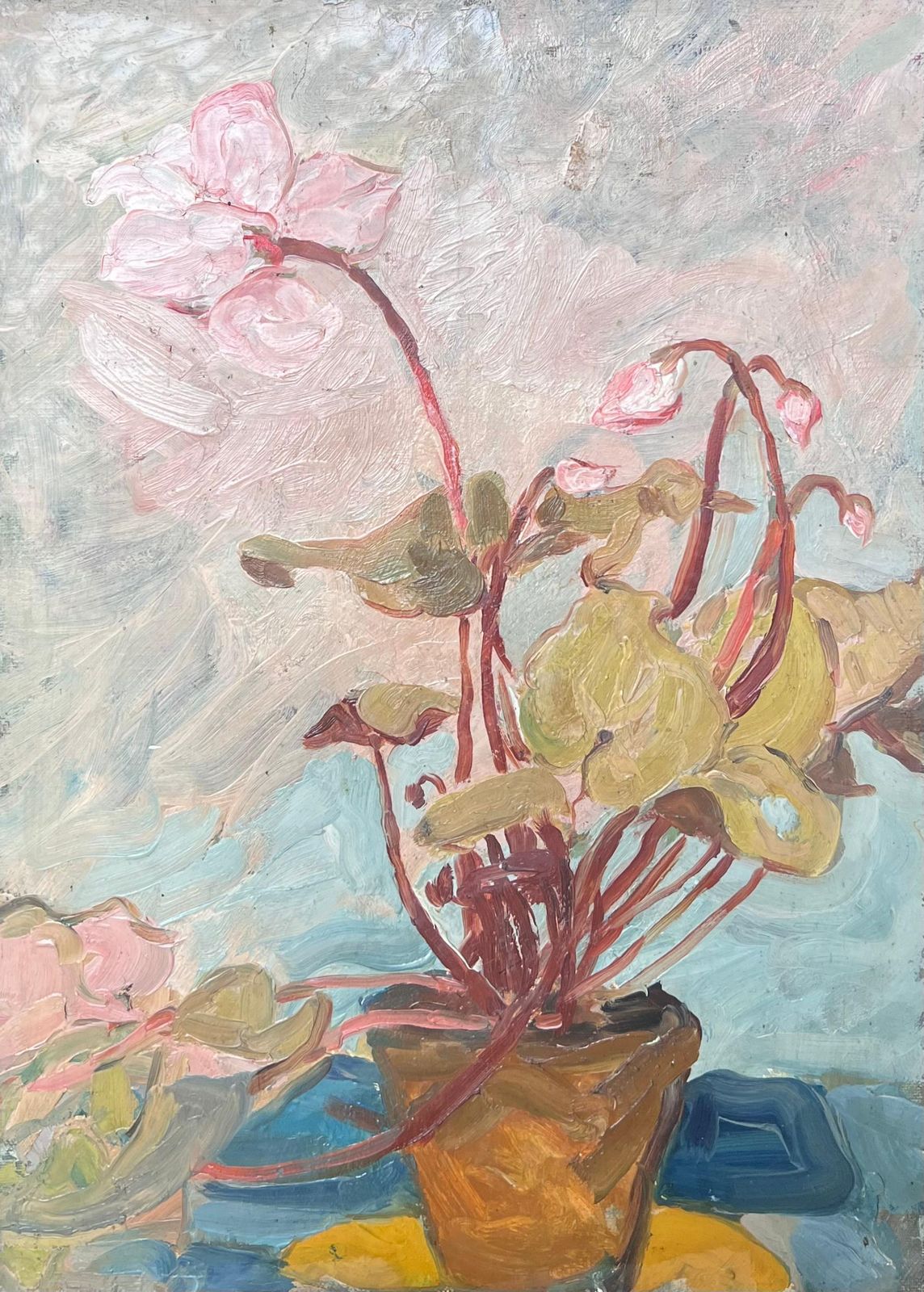 Suzanne Dinkes Cyclamen In Orange Pot In Blue Interior French Mid Century Painting 1950's