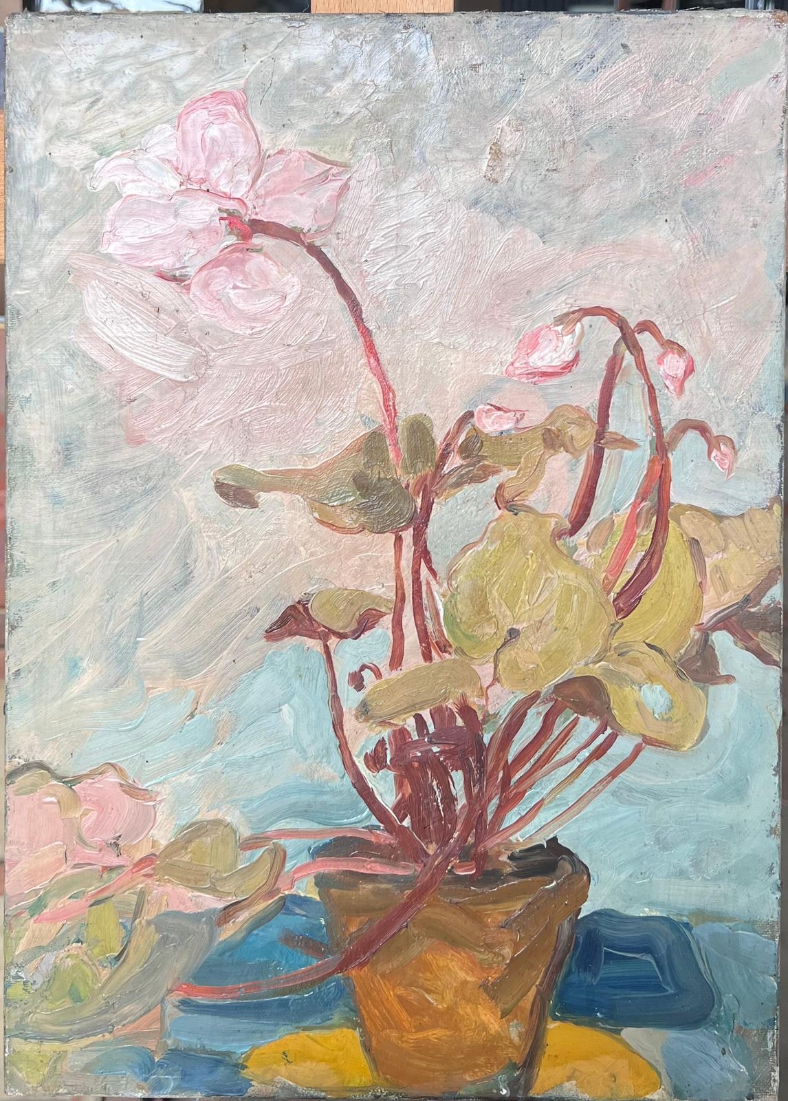 Suzanne Dinkes Cyclamen In Orange Pot In Blue Interior French Mid Century Painting 1950's photo furniture