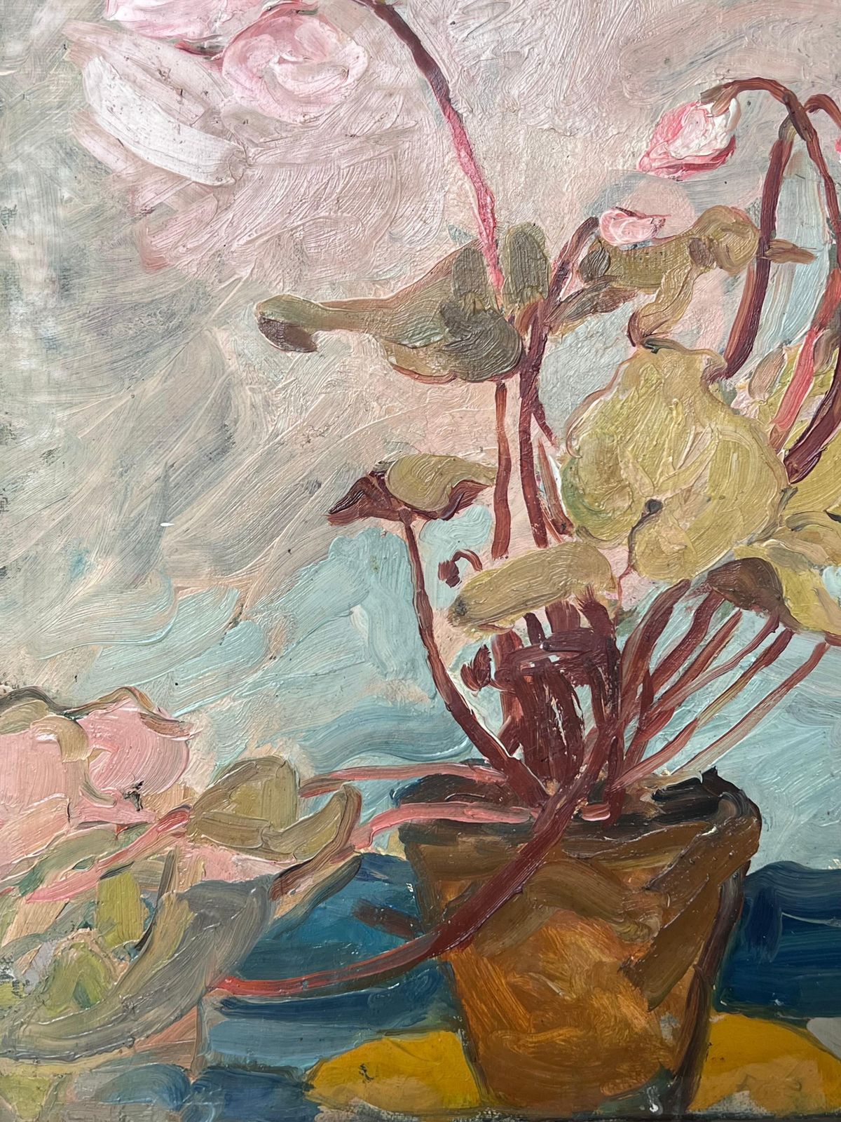 Suzanne Dinkes Cyclamen In Orange Pot In Blue Interior French Mid Century Painting 1950's photo Art