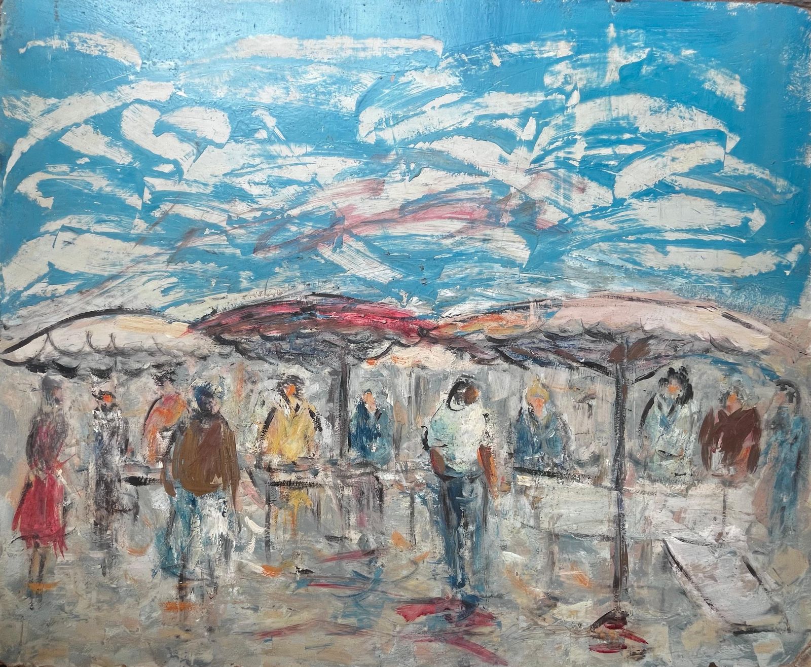 Fanch Lel French Outdoor Market Scene With Figures And Parasols By Fanch Lel  3