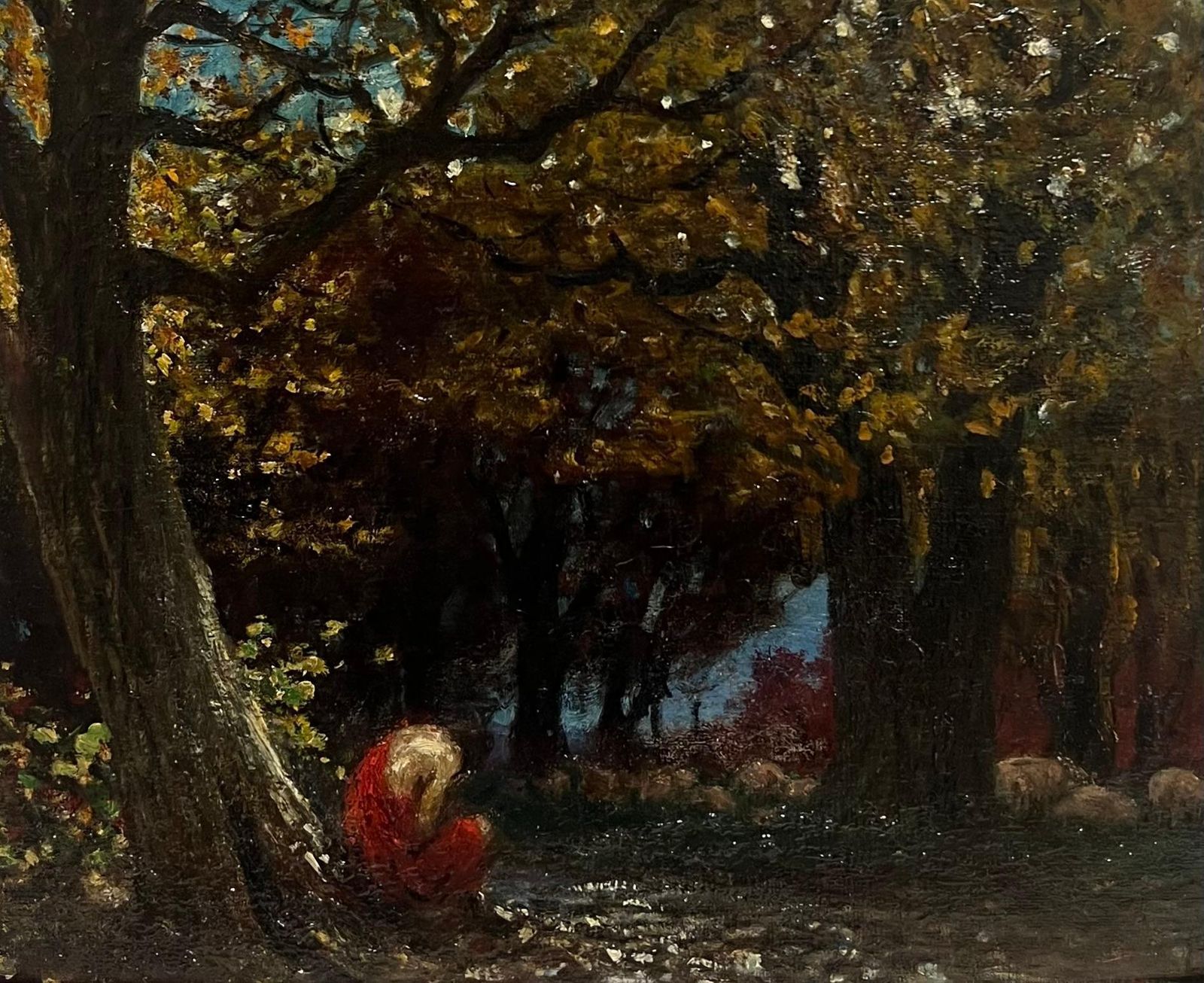 Antique French Barbizon Mid 19th Century French Barbizon Woodland Oil Painting Semi Nude Figure 1953 photo furniture