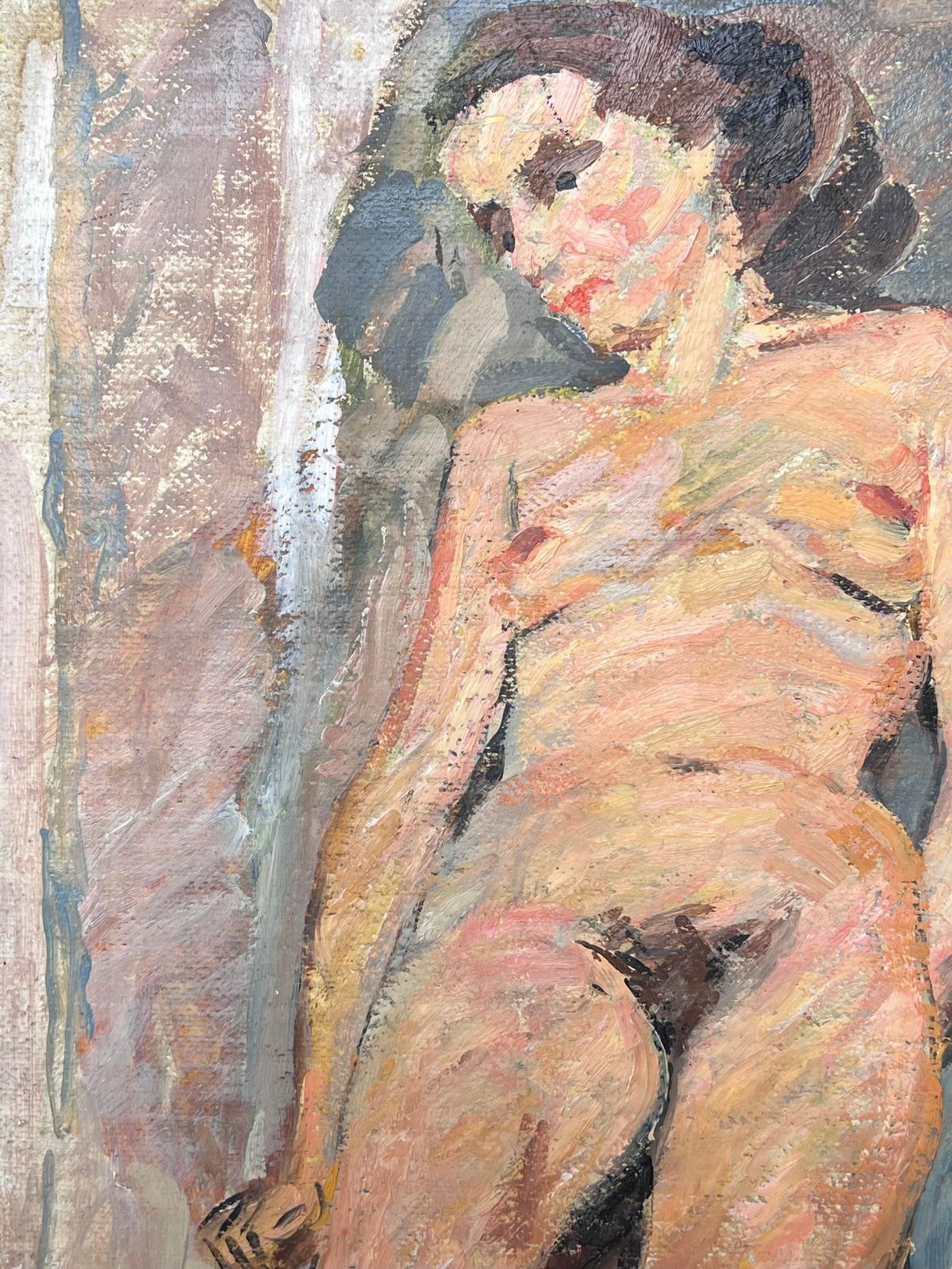 Suzanne Dinkes Nude Portrait Of A Lady Posed On Stall Mid Century French Impressionist Painting 1950's photo vintage