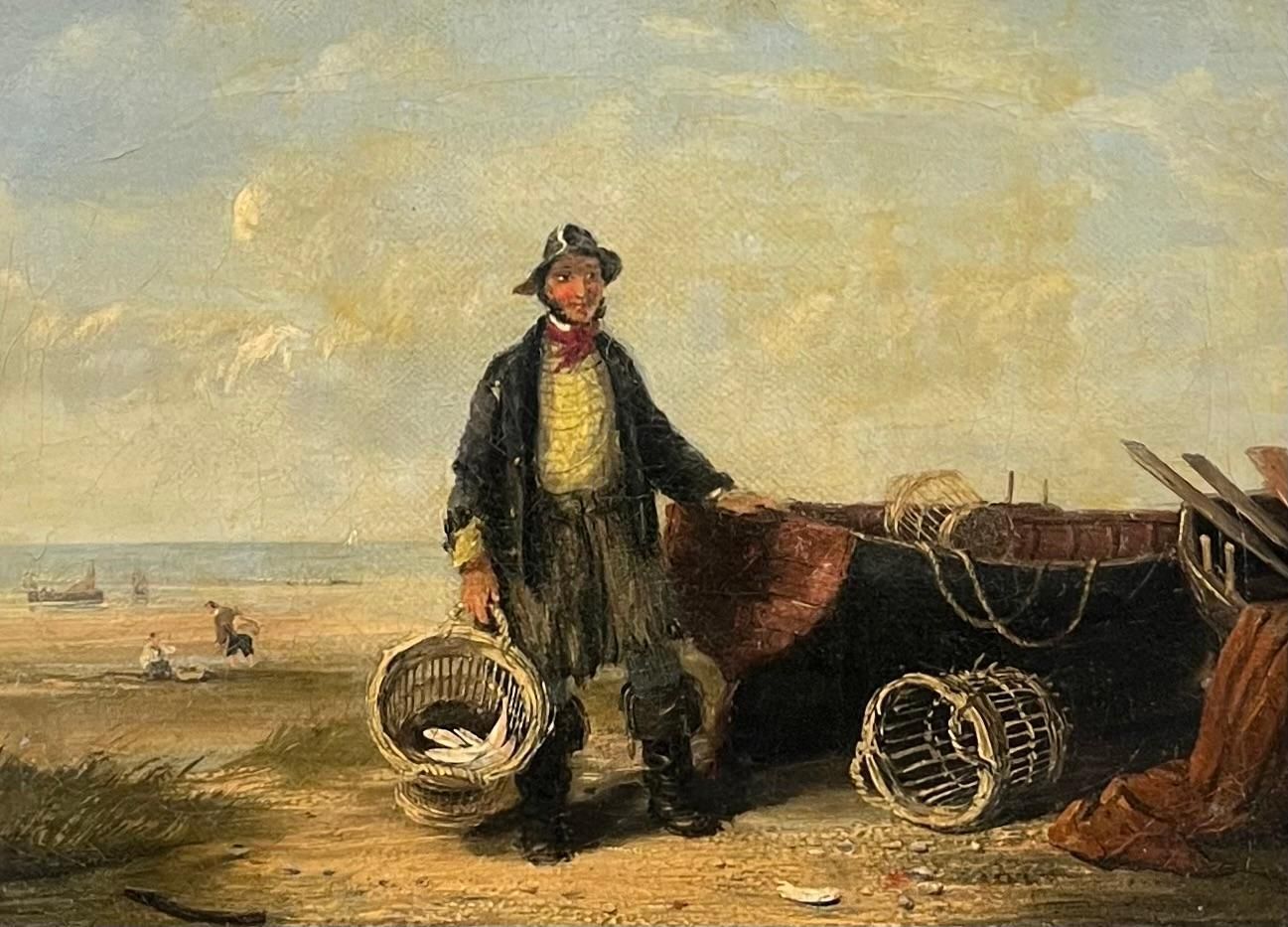 19th Century British School Antique British Oil Painting Fisherman In Beach With His Catch Of Fish 1953
