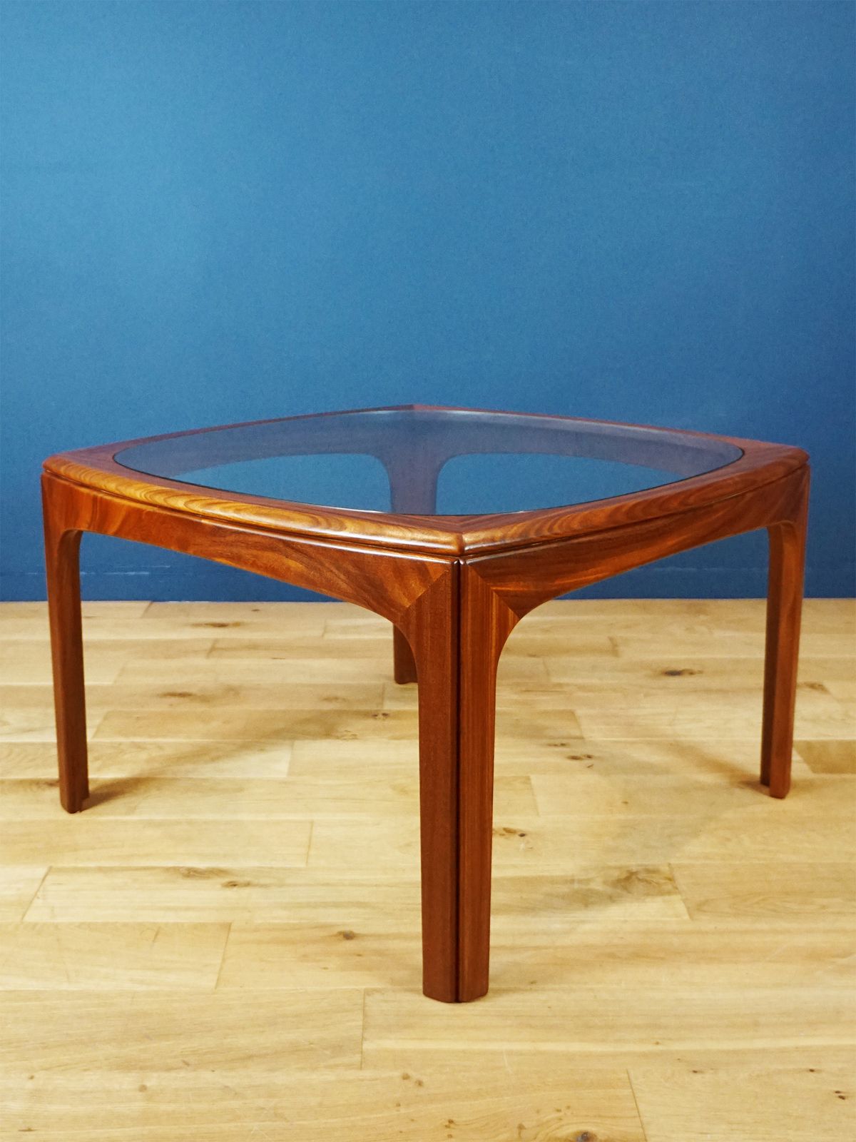 1970s G Plan Afromosia Coffee Table With Sculpted Square Frame And Glass Top