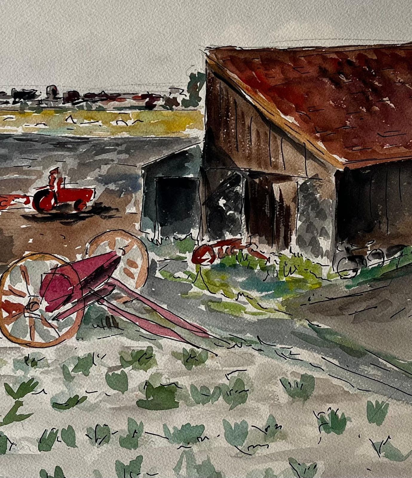 Guy Nicod Farmyard Scene With Barn And Farmer French Modernist Rural Landscape Gouache photo vinterior