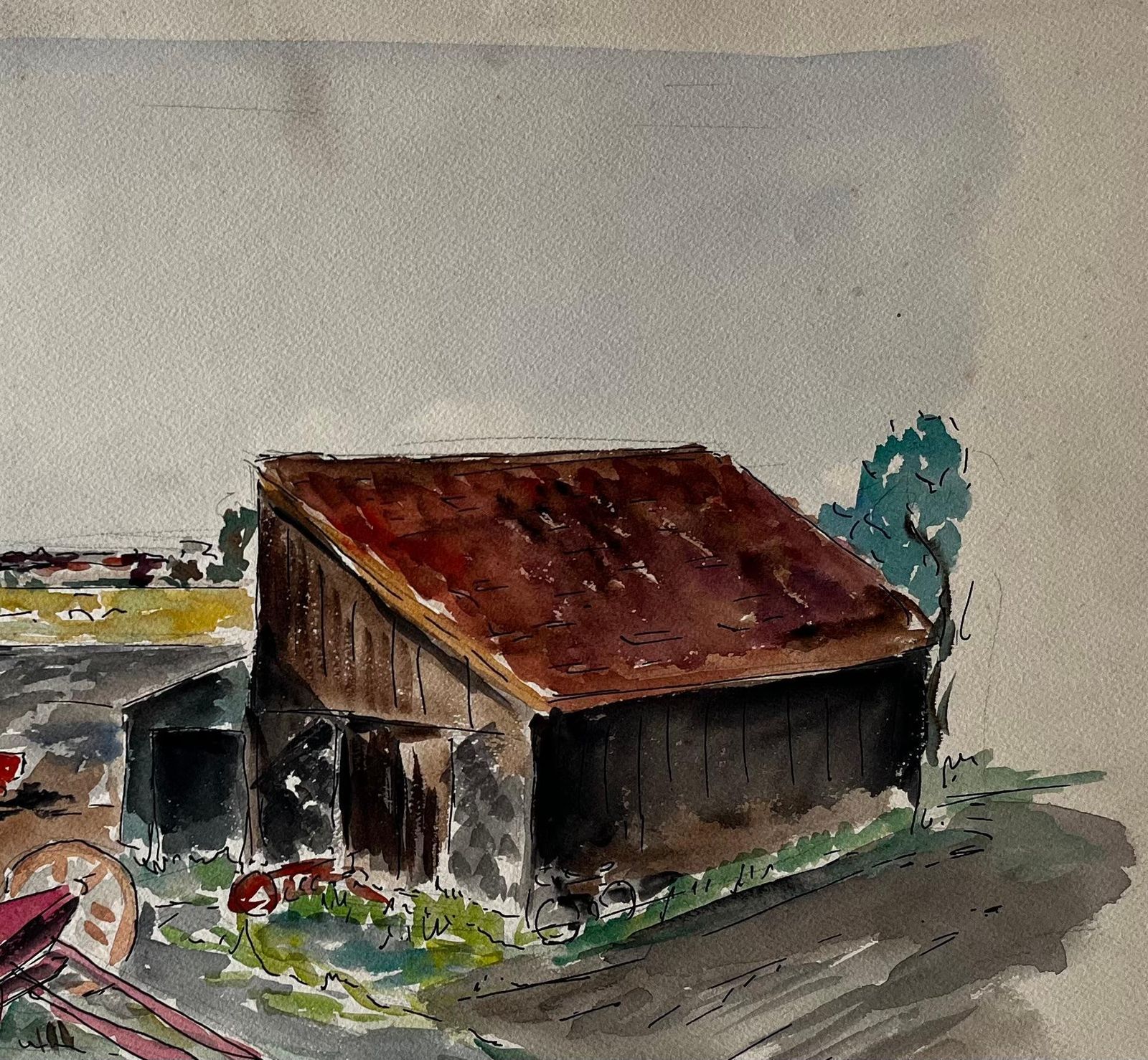 Guy Nicod Farmyard Scene With Barn And Farmer French Modernist Rural Landscape Gouache photo buy