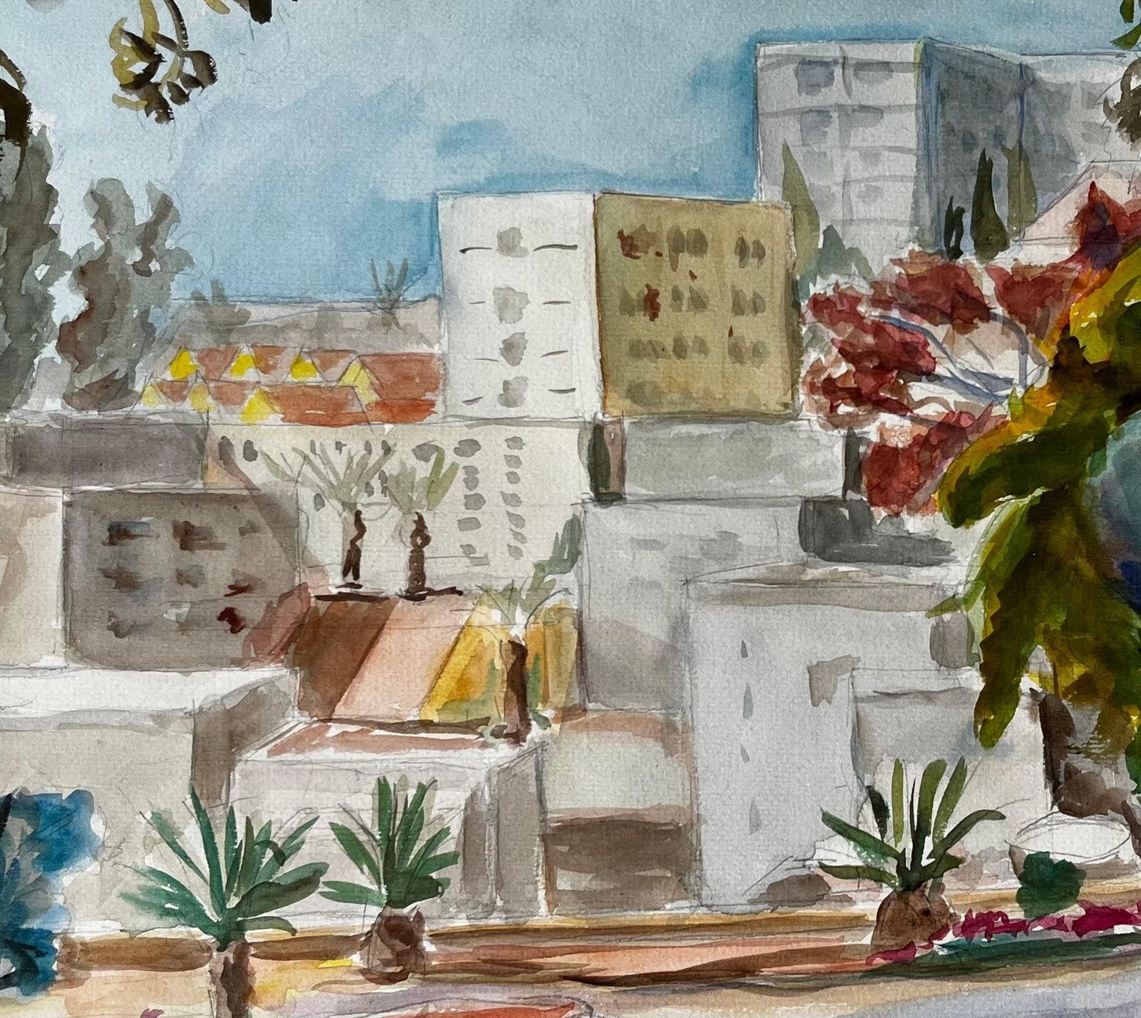 Guy Nicod Cityscape With Palm Trees And Modernist Architecture Gouache French Landscape photo buy