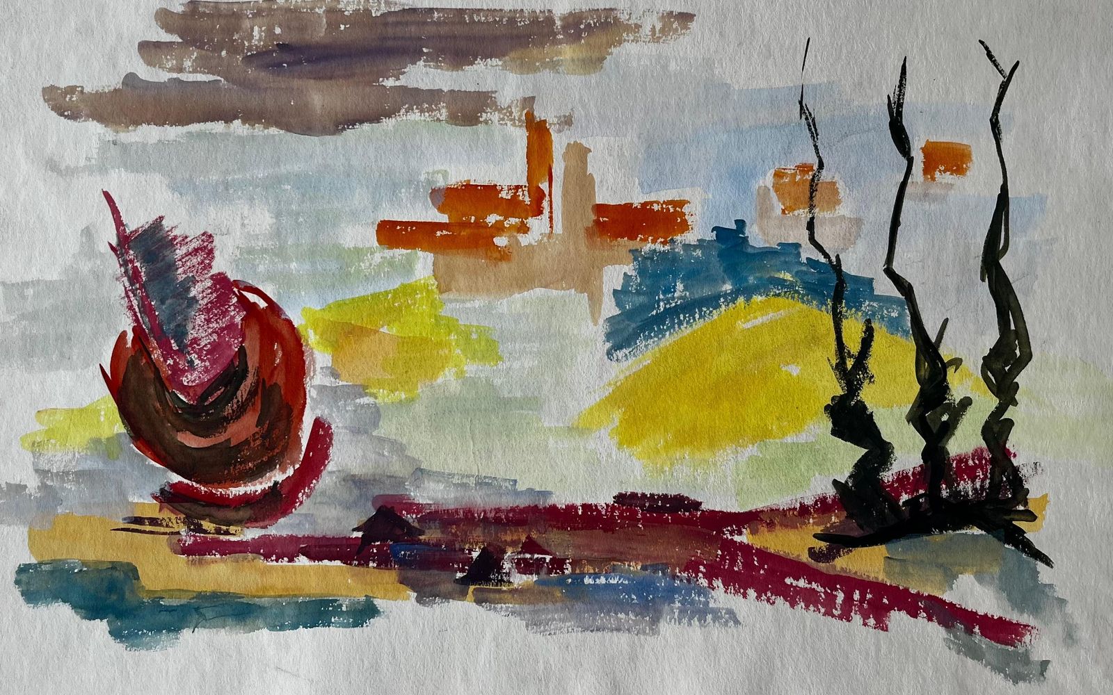 Guy Nicod Abstract Landscape With Red Form And Cypress French Modernist Gouache