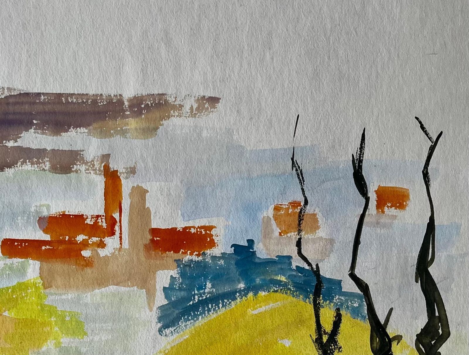 Guy Nicod Abstract Landscape With Red Form And Cypress French Modernist Gouache photo vinterior