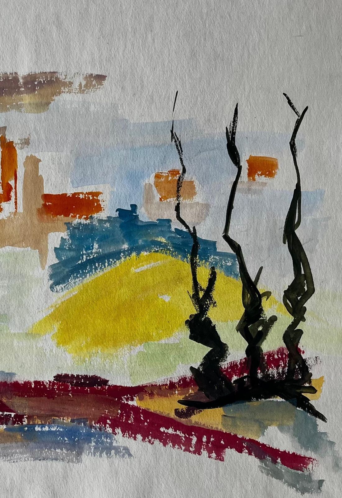 Guy Nicod Abstract Landscape With Red Form And Cypress French Modernist Gouache photo buy