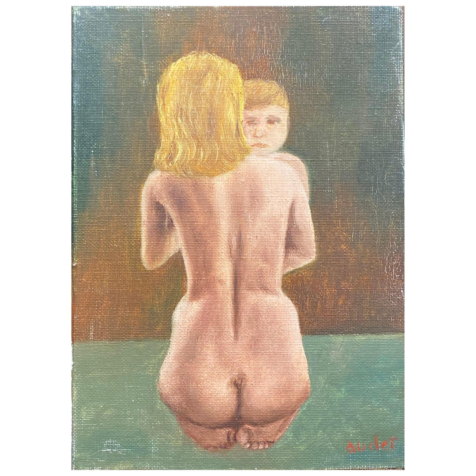 Unknown Fernand Audet '1923 2016' Signed French Impressionist Oil, Nude Lady And Child Circa 1960s