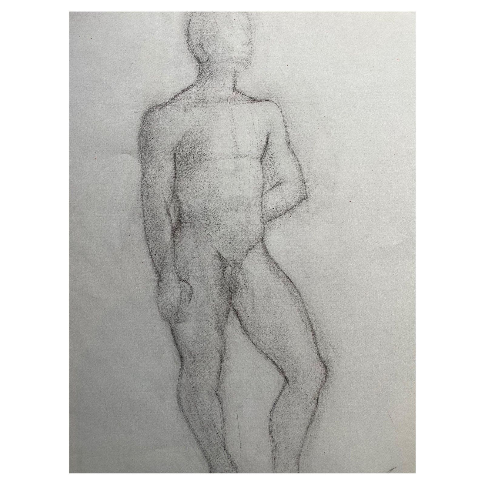 Unknown Mid 20th Century French Charcoal Drawing, Portrait Of A Standing Nude Man Circa 1950s