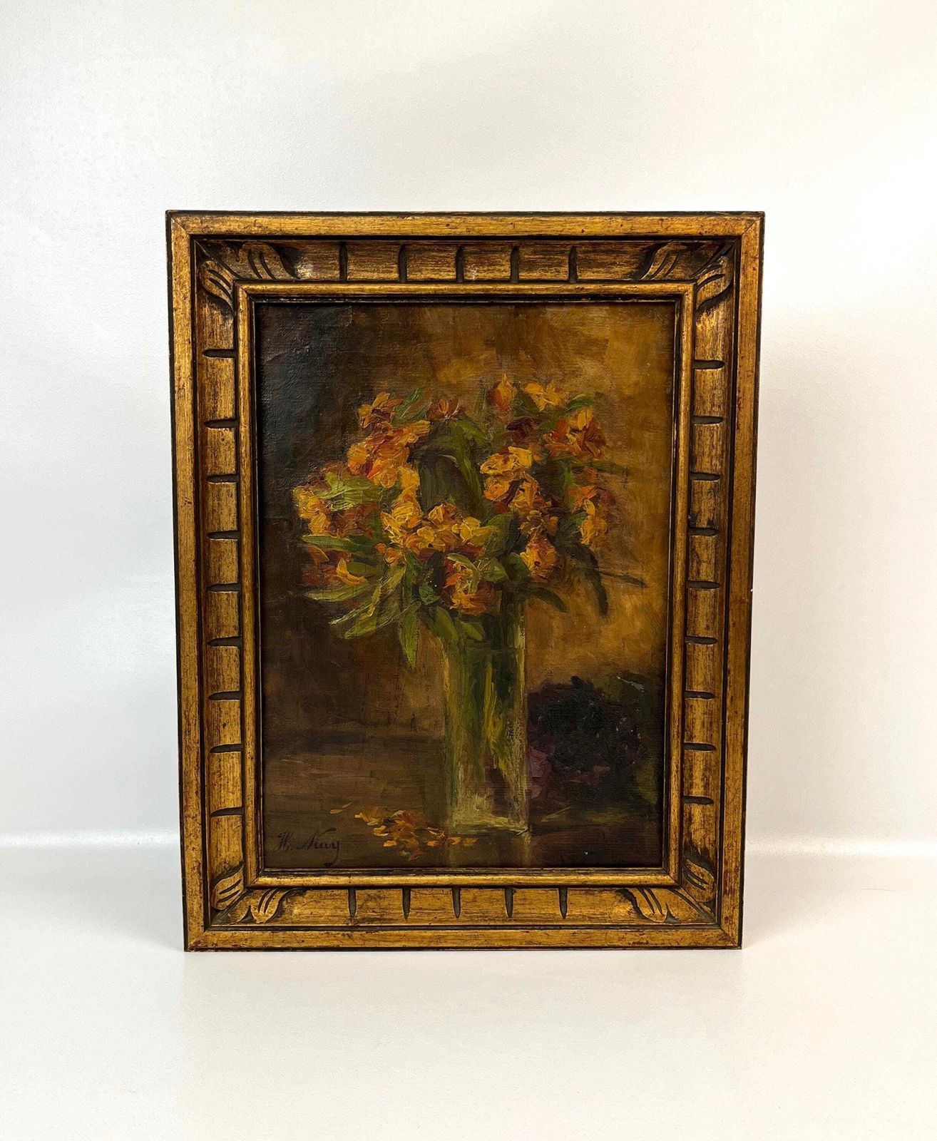 Art Beautiful French Antique Impressionism Still Life Oil Painting Flowers In Vase Gold Frame Signed H. Niay photo