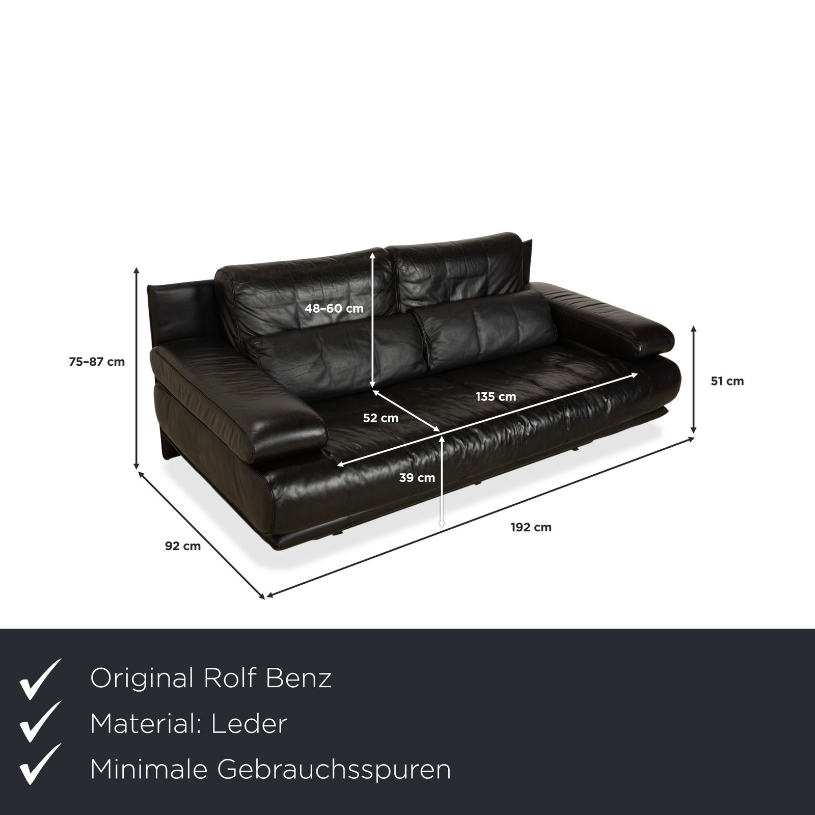 Canapé 2 places Rolf Benz 6500 en cuir noir, fonction manuelle photo furniture