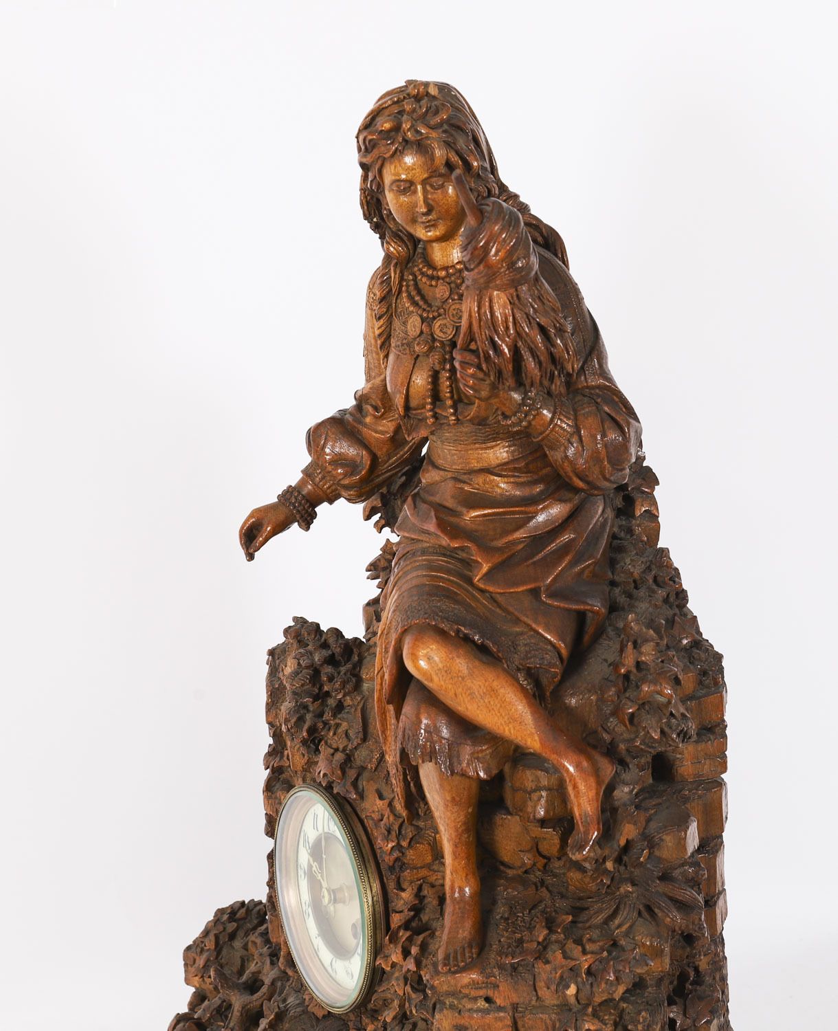 photo buy Antique Swiss 'Black Forest' Carved Linden Wood Clock By Bergen & Co 19th C