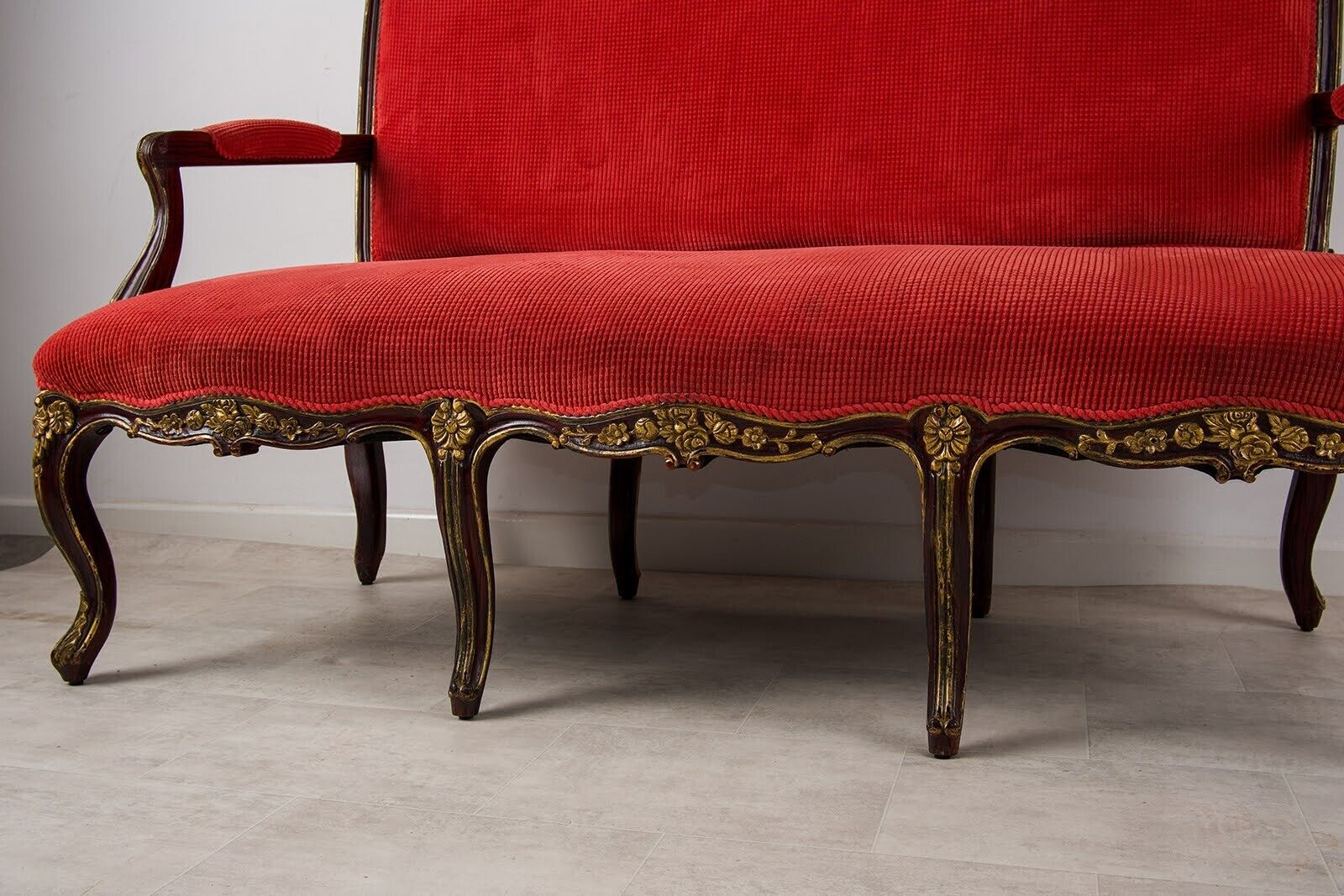 1920s Faux Rosewood & Gilt Painted Settee   Red Upholstery, Louis Revival Style photo vinterior
