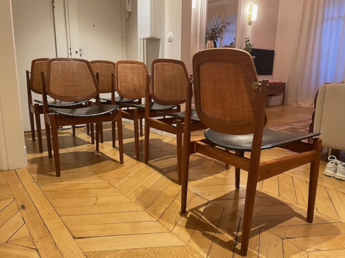 Set Of 6 Danish Chairs In Teak, Cane And Leather, Model Fd 187 By Arne Vodder For France & Son 1956. photo for sale
