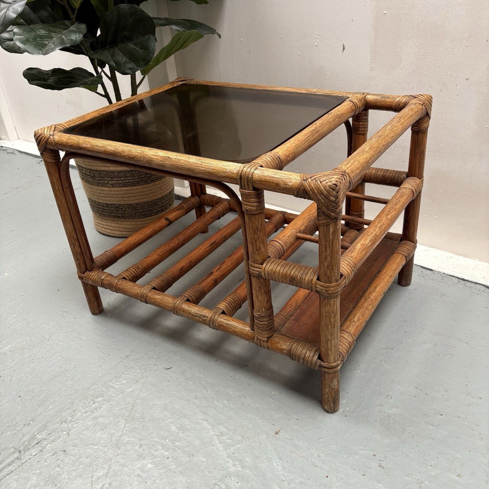 1970s French Boho Bamboo Drinks Side Table With Smoked Glass Magazine Rack