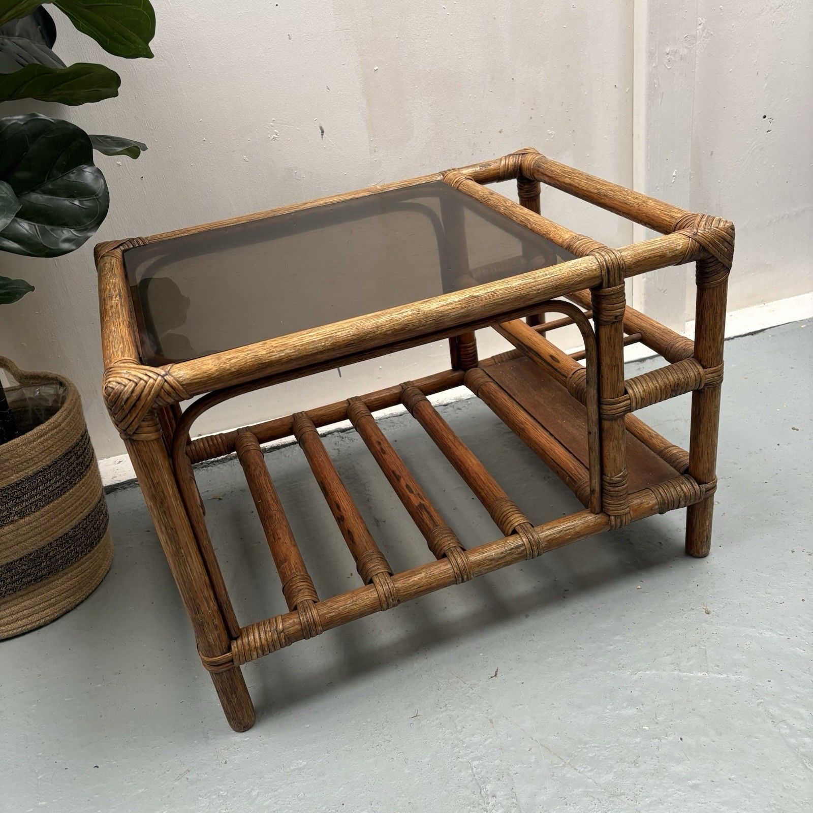 1970s French Boho Bamboo Drinks Side Table With Smoked Glass Magazine Rack photo 140.0