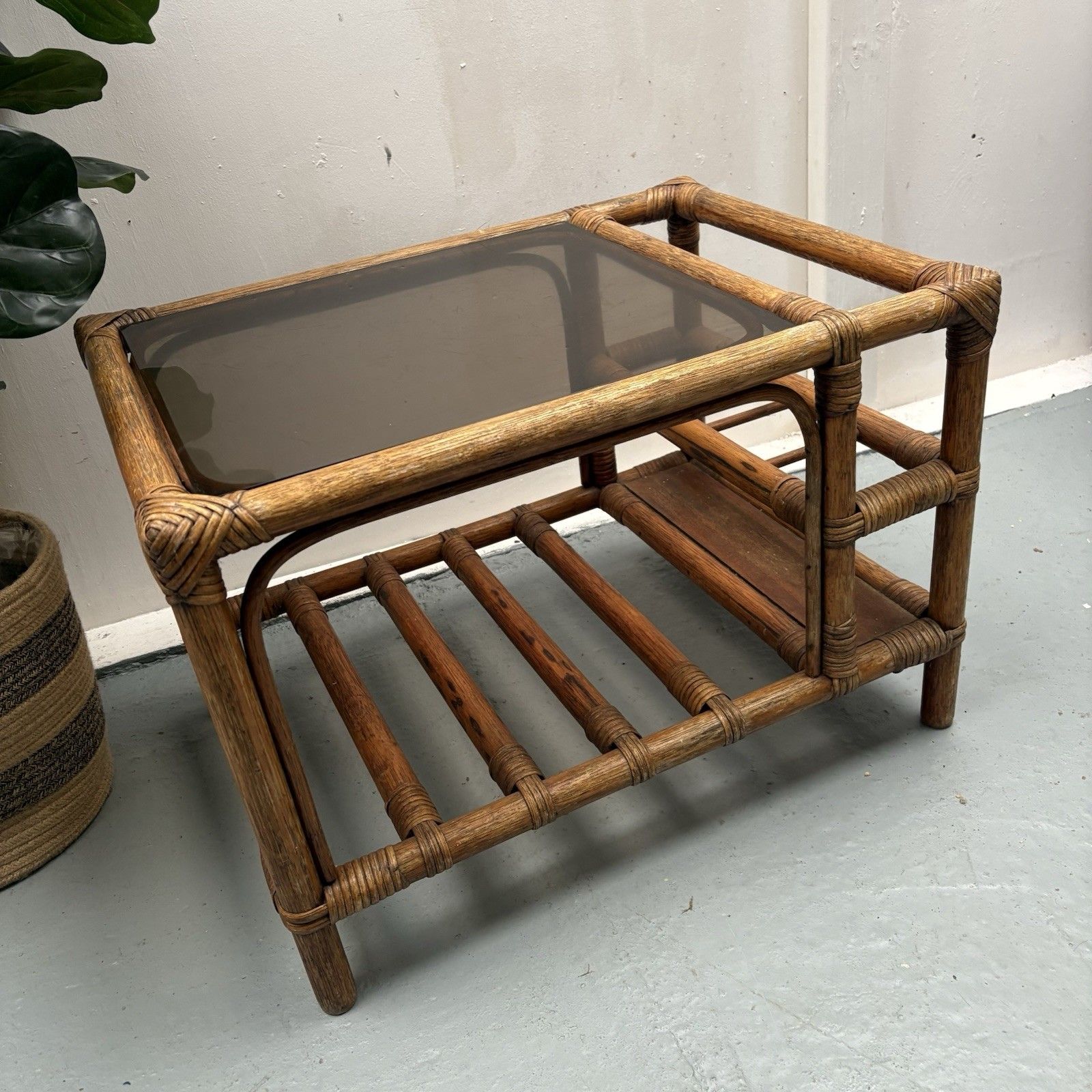 1970s French Boho Bamboo Drinks Side Table With Smoked Glass Magazine Rack photo vinterior