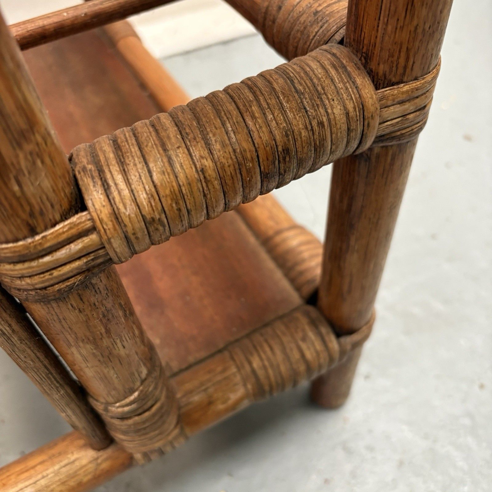 1970s French Boho Bamboo Drinks Side Table With Smoked Glass Magazine Rack photo vintage