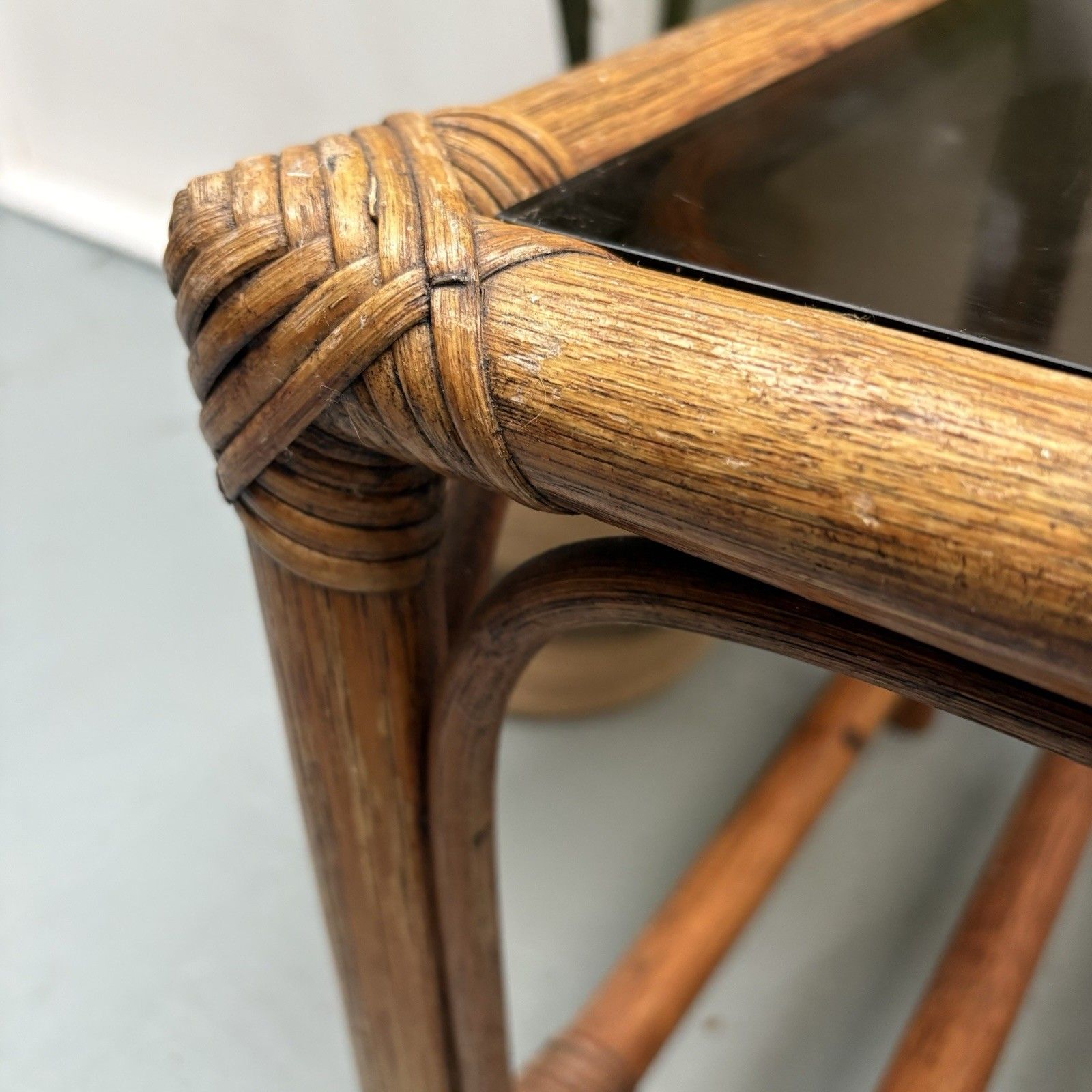 photo furniture 1970s French Boho Bamboo Drinks Side Table With Smoked Glass Magazine Rack