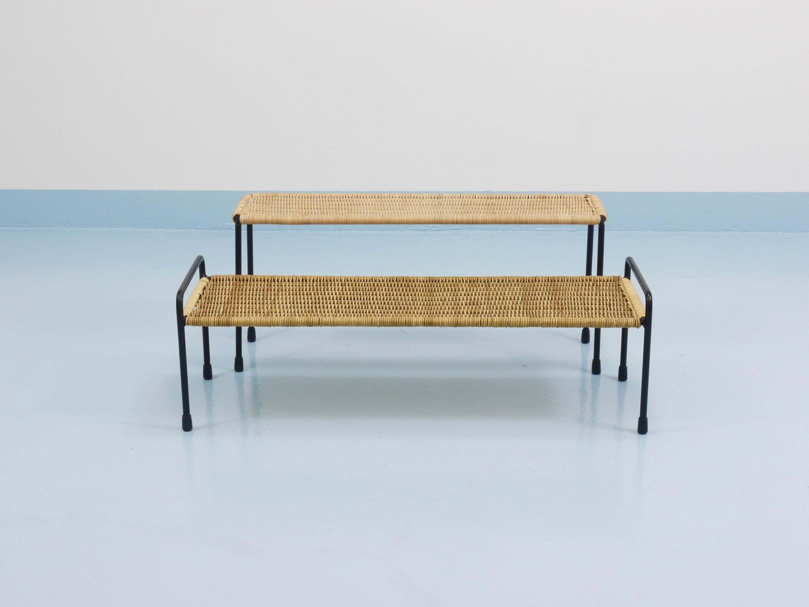 Carl Aubock Side Table, Flower Plant Bench, Iron, Rattan, Wicker, Austria, 1950s photo vintage